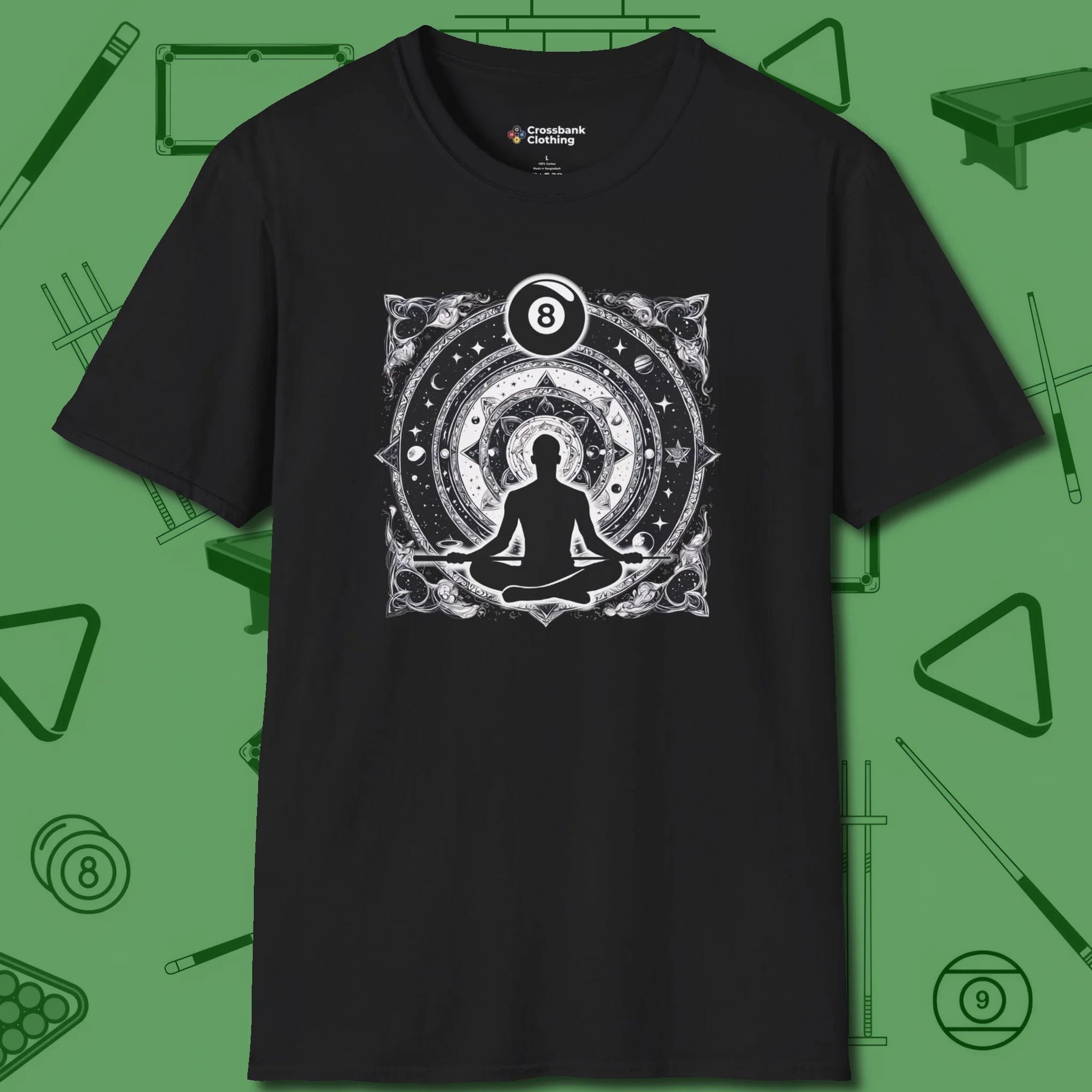 Celestial Zen 8 Ball T-Shirt, front view, in Black where style and cue discipline collide