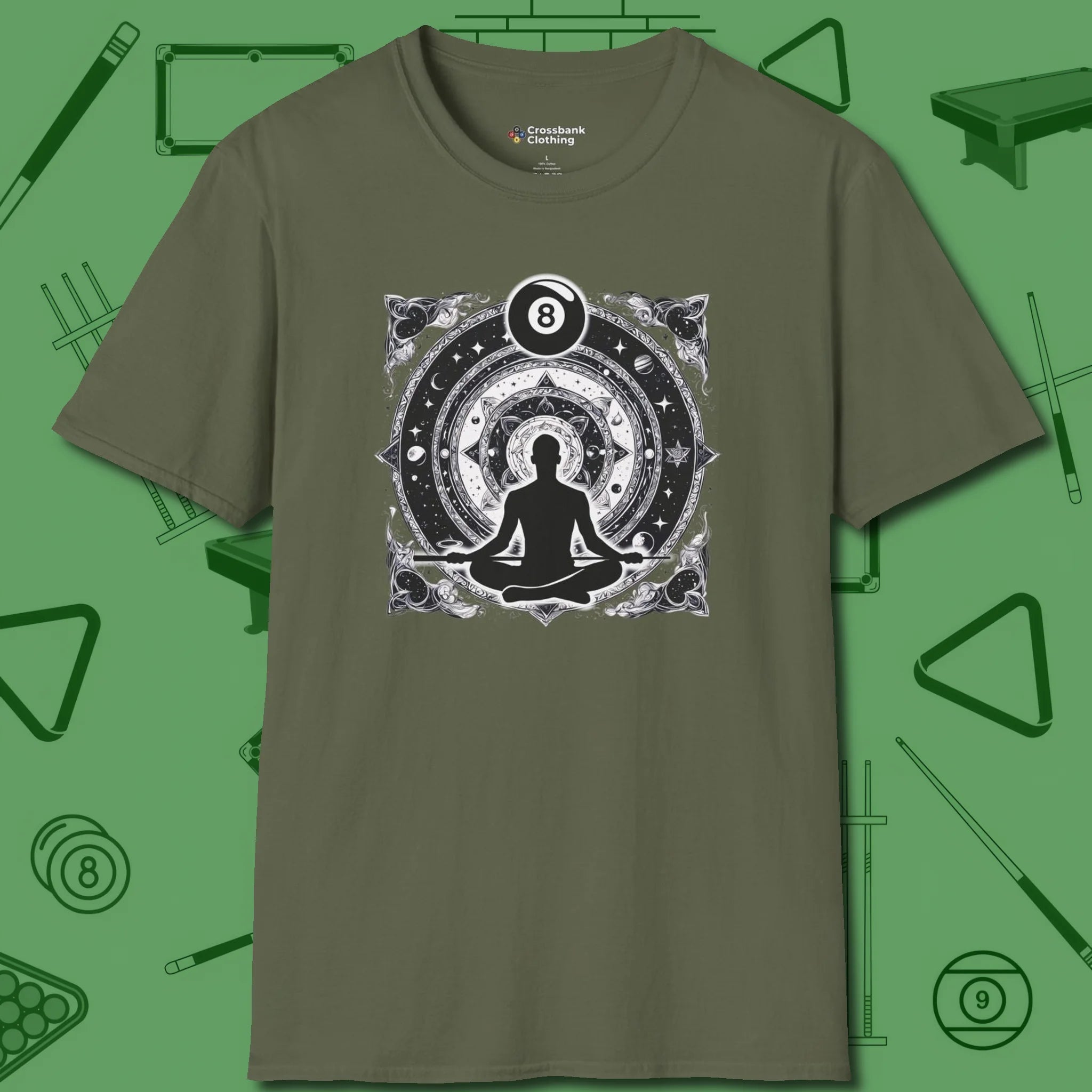 Celestial Zen 8 Ball T-Shirt, front view, in Military Green confidence stitched in every seam