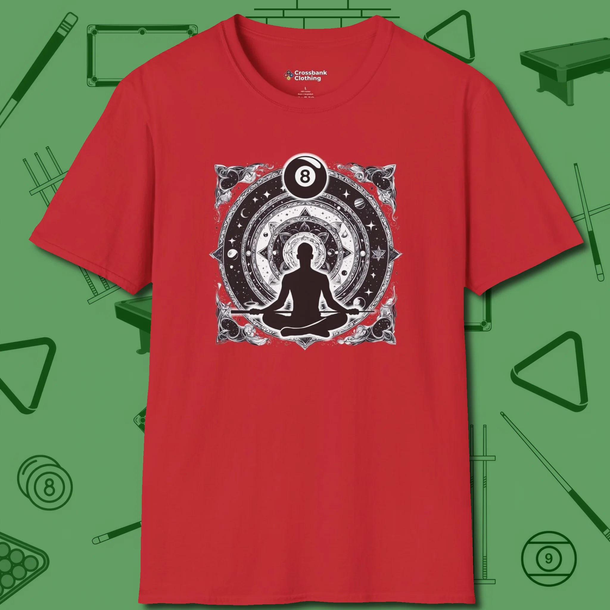 Celestial Zen 8 Ball T-Shirt, front view, in Red poolroom style with tournament attitude