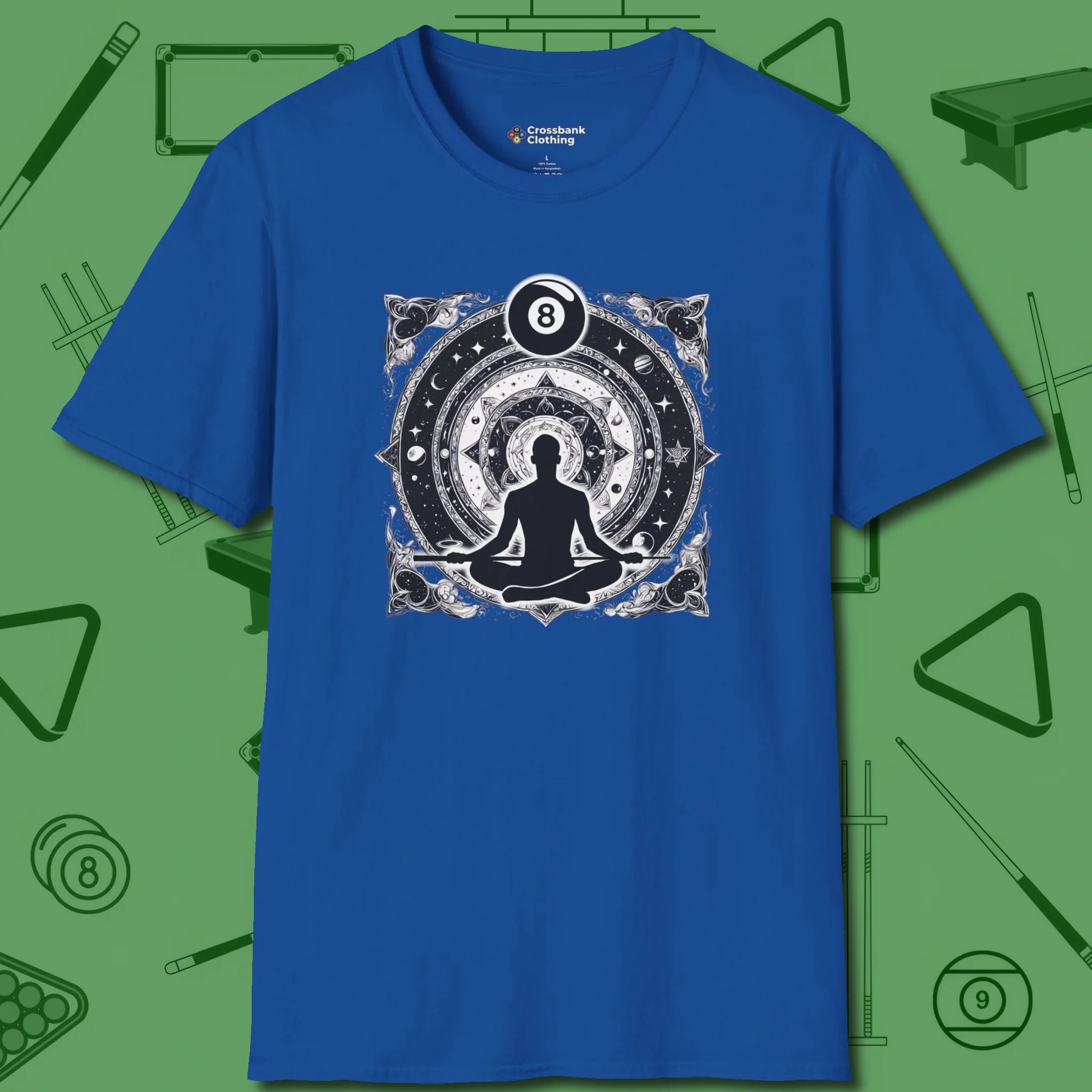 Celestial Zen 8 Ball T-Shirt, front view, in Royal helps your stroke and your style