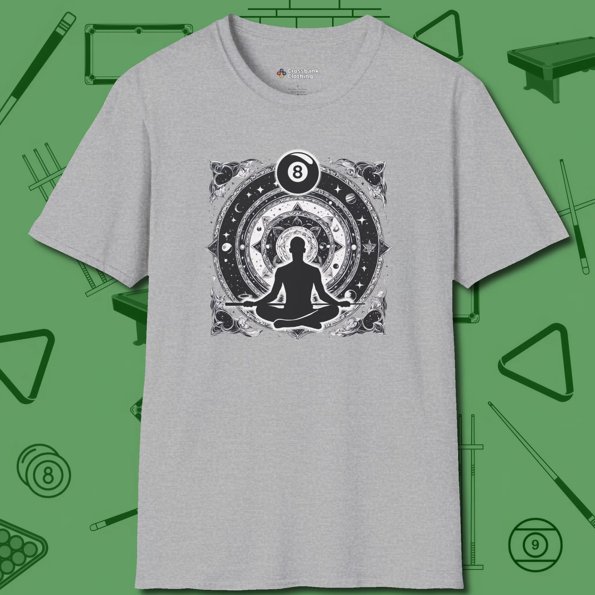 Celestial Zen 8 Ball T-Shirt, front view, in Sport Grey cue sports swagger done right
