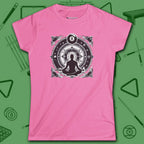 Celestial Zen 8 Ball Women's Tee, in Azalea color, billiards shirt, front view