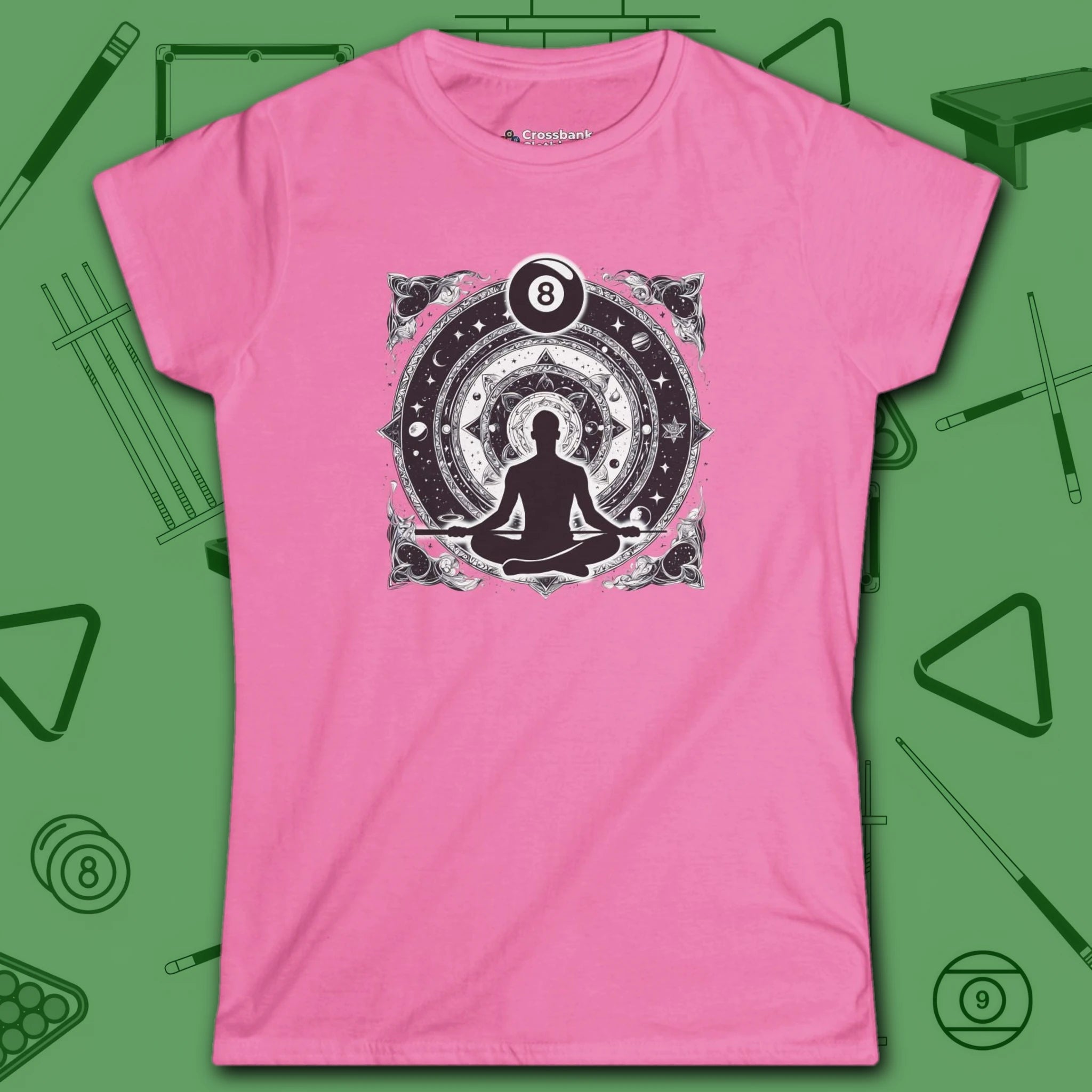 Celestial Zen 8 Ball Women's Tee, in Azalea color, billiards shirt, front view