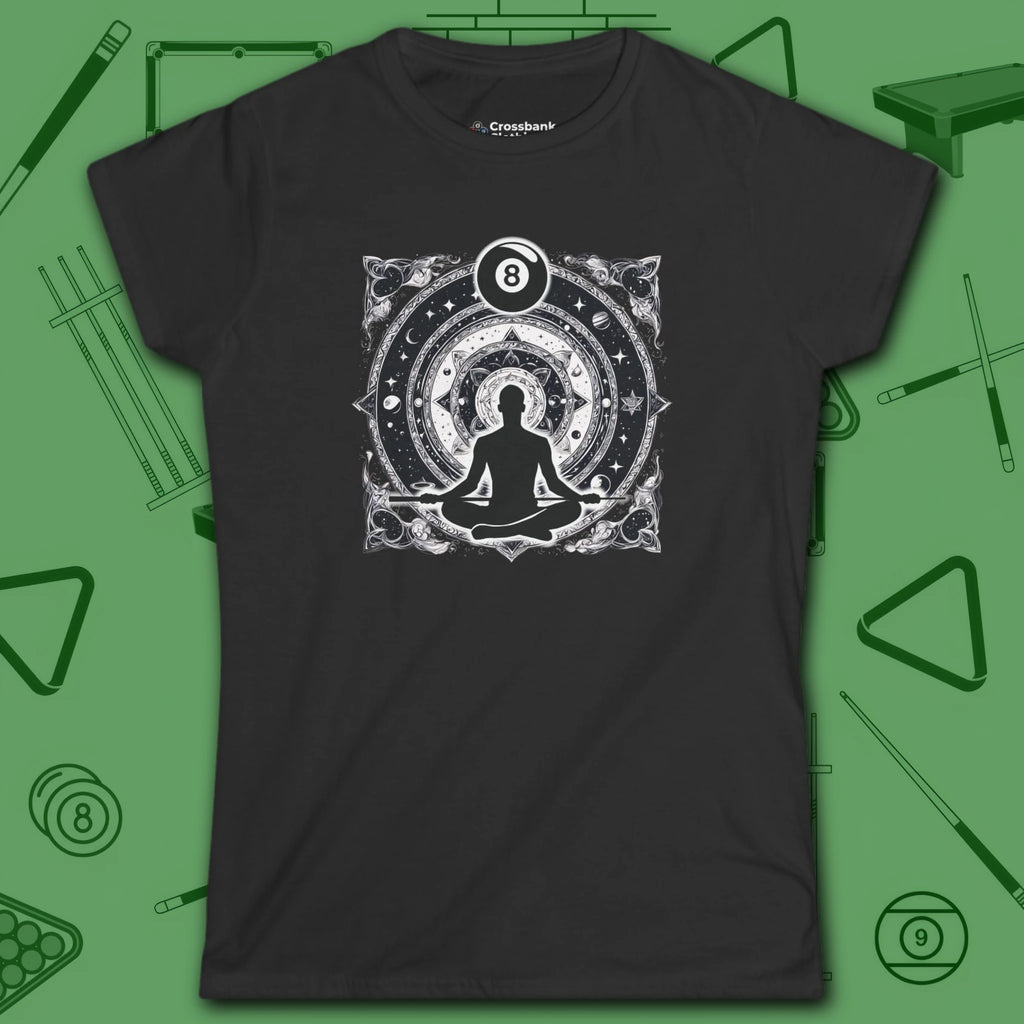 Celestial Zen 8 Ball Women's Tee, in Black color, billiards shirt, front view