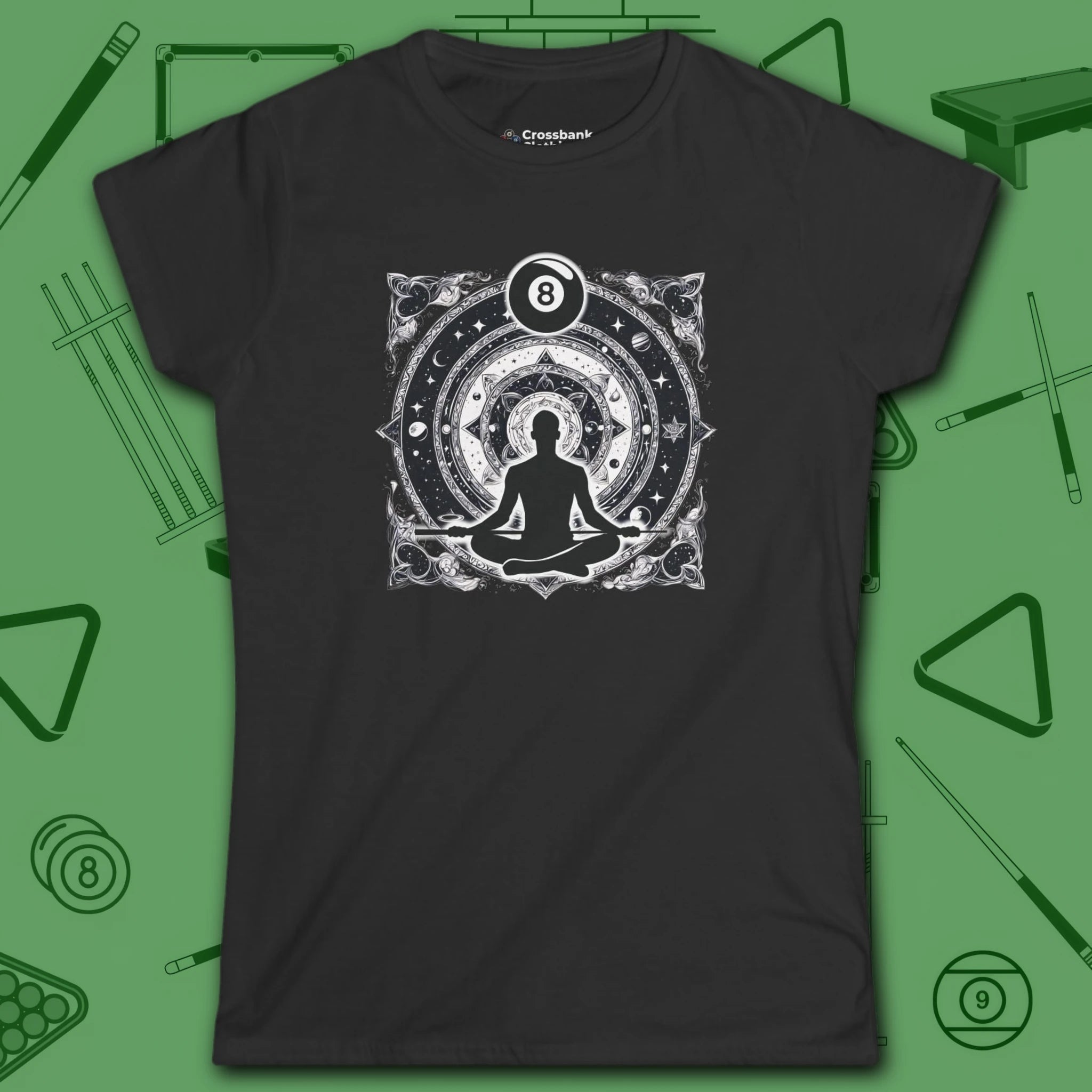 Celestial Zen 8 Ball Women's Tee, in Black color, billiards shirt, front view