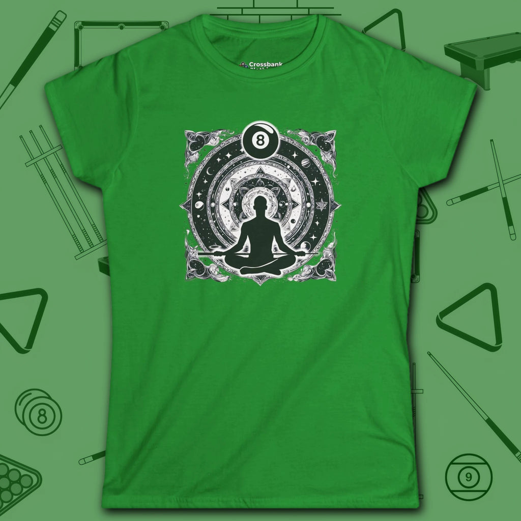 Celestial Zen 8 Ball Women's Tee, in Irish Green color, billiards shirt, front view