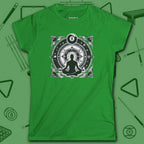Celestial Zen 8 Ball Women's Tee, in Irish Green color, billiards shirt, front view