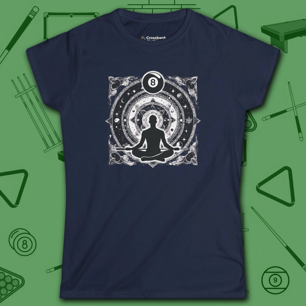 Celestial Zen 8 Ball Women's Tee, in Navy color, billiards shirt, front view