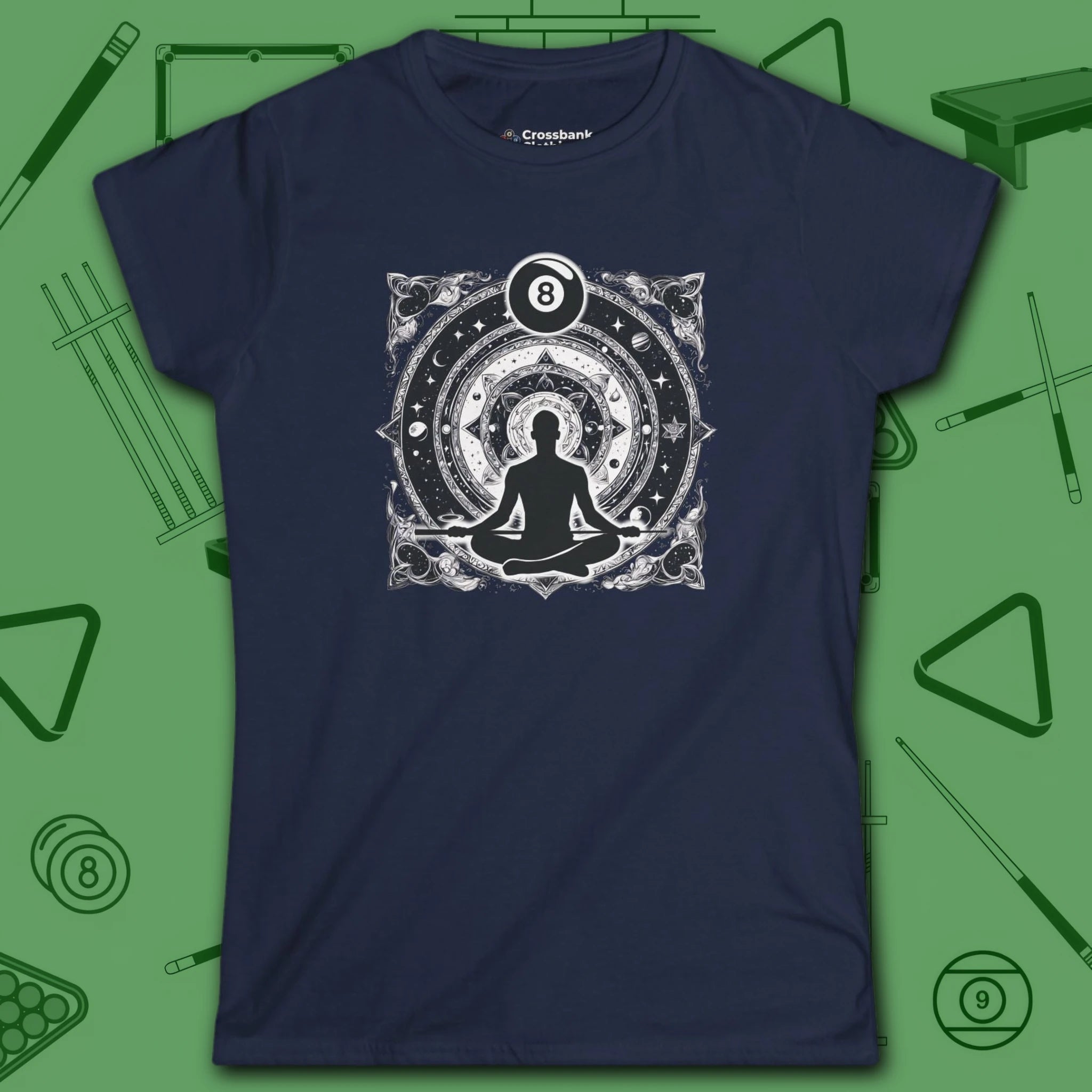 Celestial Zen 8 Ball Women's Tee, in Navy color, billiards shirt, front view