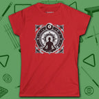 Celestial Zen 8 Ball Women's Tee, in Red color, billiards shirt, front view
