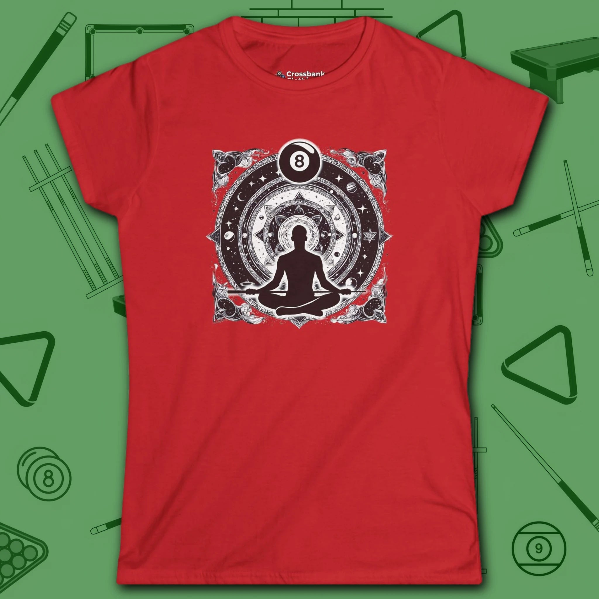 Celestial Zen 8 Ball Women's Tee, in Red color, billiards shirt, front view