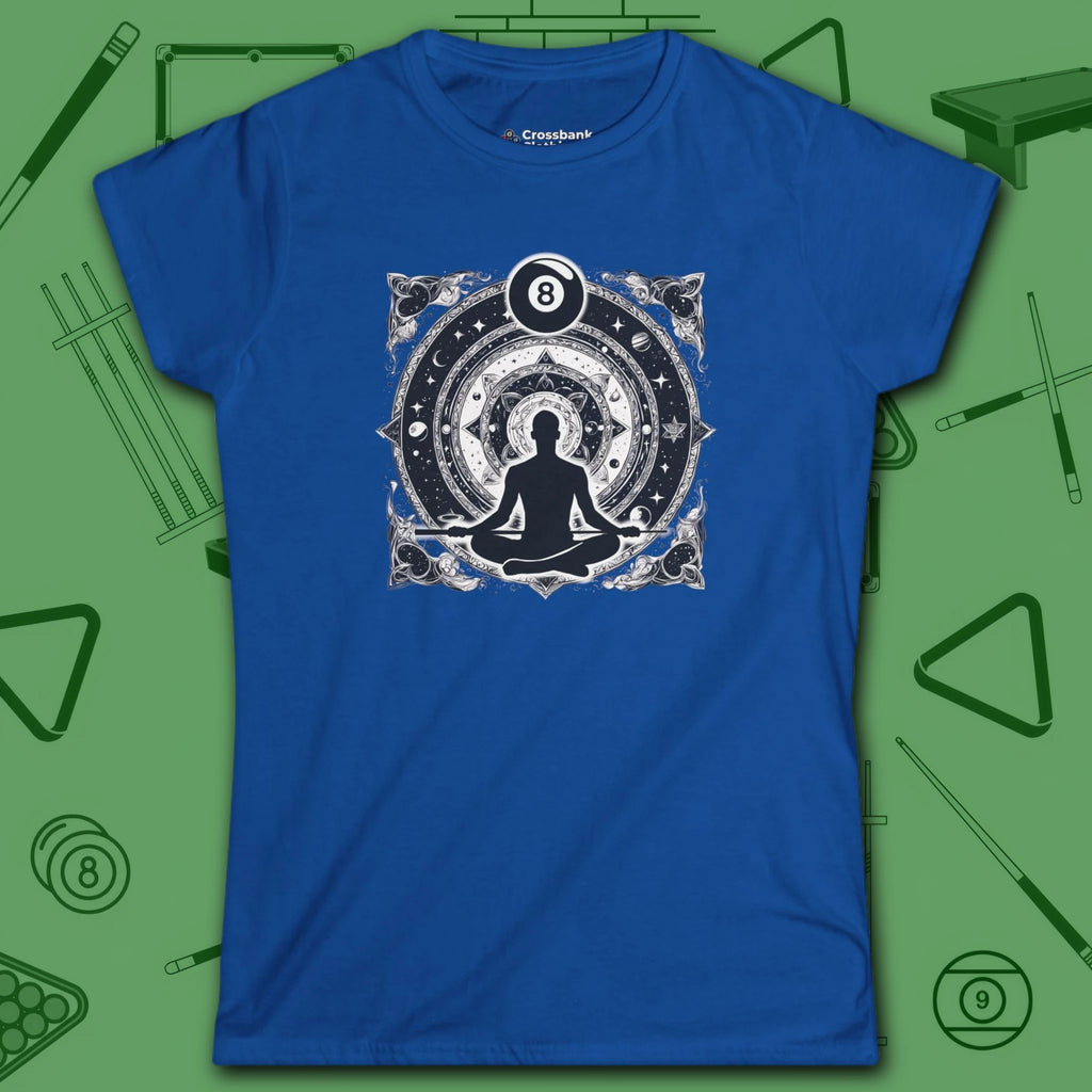 Celestial Zen 8 Ball Women's Tee, in Royal color, billiards shirt, front view