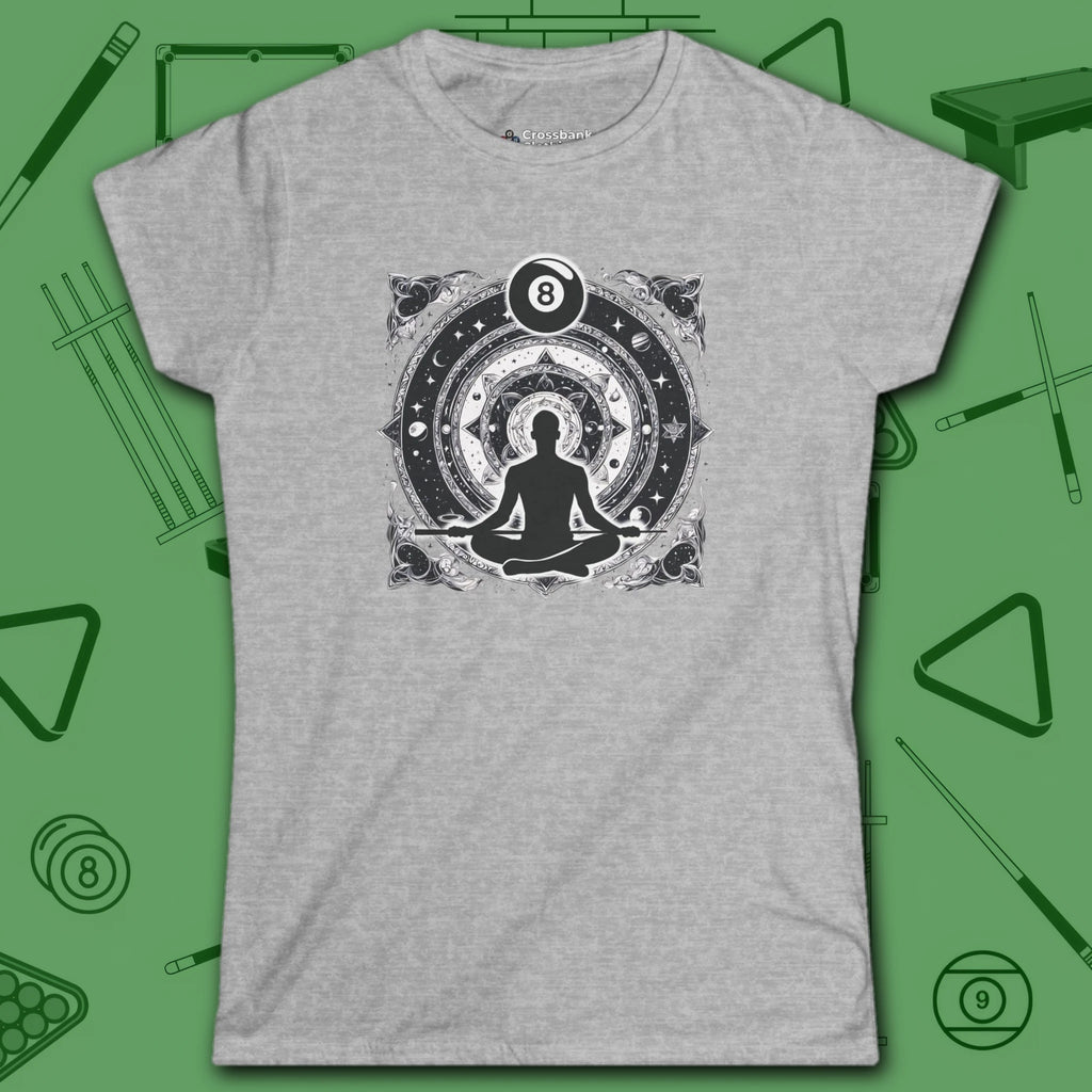 Celestial Zen 8 Ball Women's Tee, in Sport Grey color, billiards shirt, front view