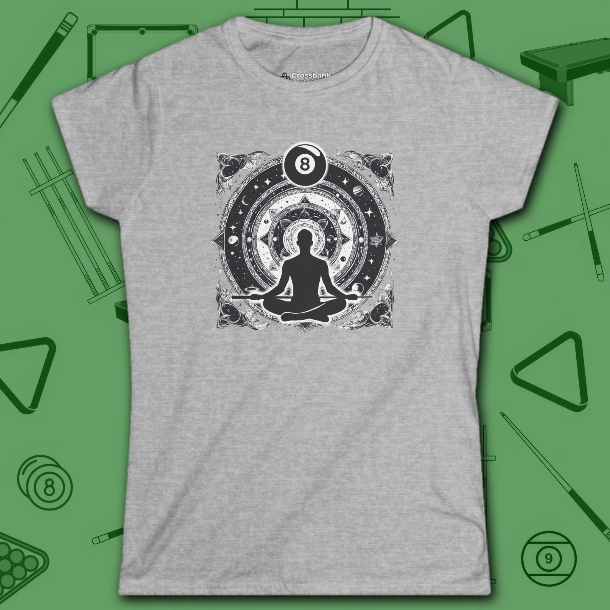 Celestial Zen 8 Ball Women's Tee, in Sport Grey color, billiards shirt, front view