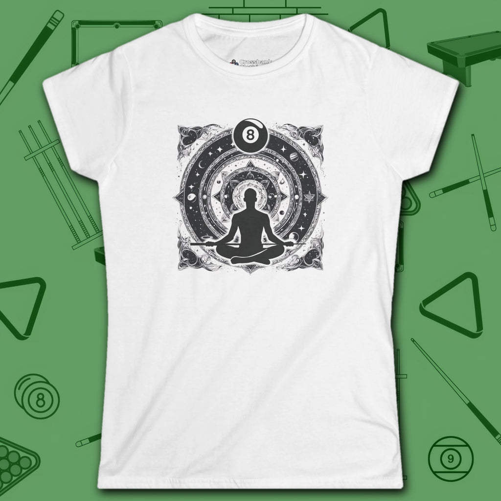 Celestial Zen 8 Ball Women's Tee, in White color, billiards shirt, front view