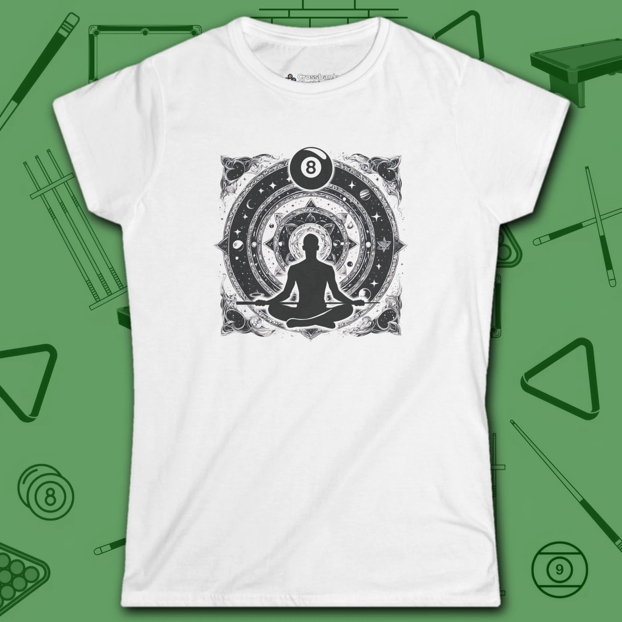 Celestial Zen 8 Ball Women's Tee, in White color, billiards shirt, front view
