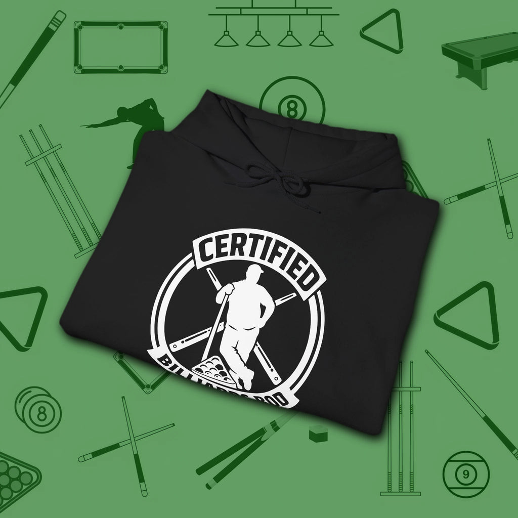 Certified Billiards Bod Hoodie, in Black color, pool hoodie, folded view