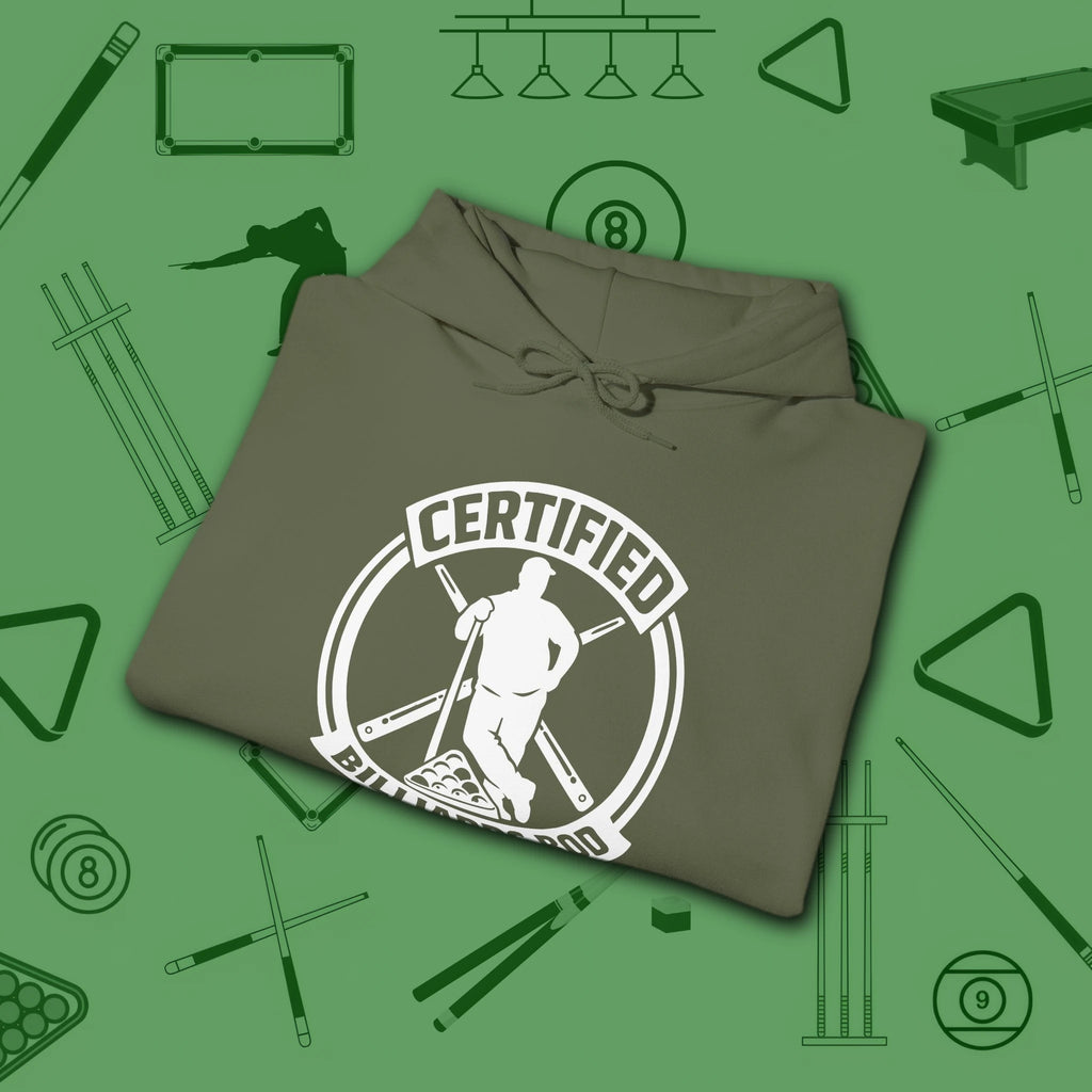 Certified Billiards Bod Hoodie, in Military Green color, pool hoodie, folded view