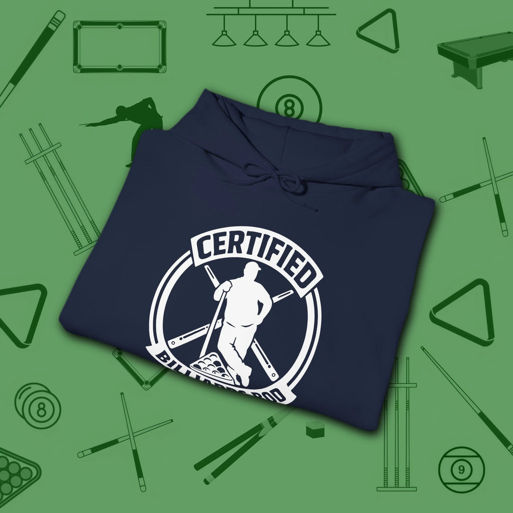 Certified Billiards Bod Hoodie, in Navy color, pool hoodie, folded view
