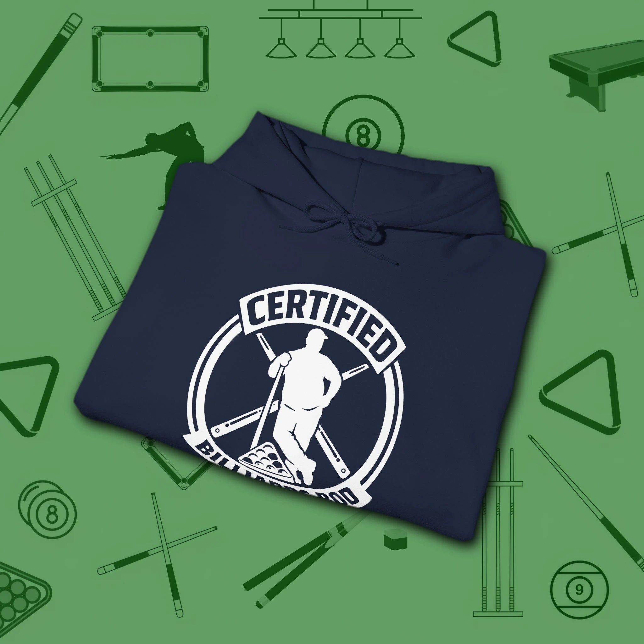 Certified Billiards Bod Hoodie, in Navy color, pool hoodie, folded view