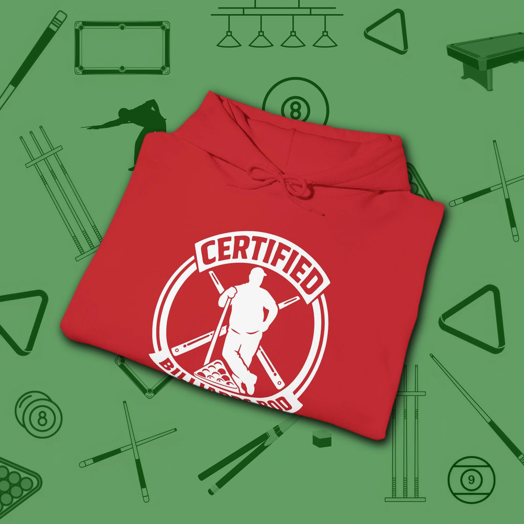 Certified Billiards Bod Hoodie, in Red color, pool hoodie, folded view