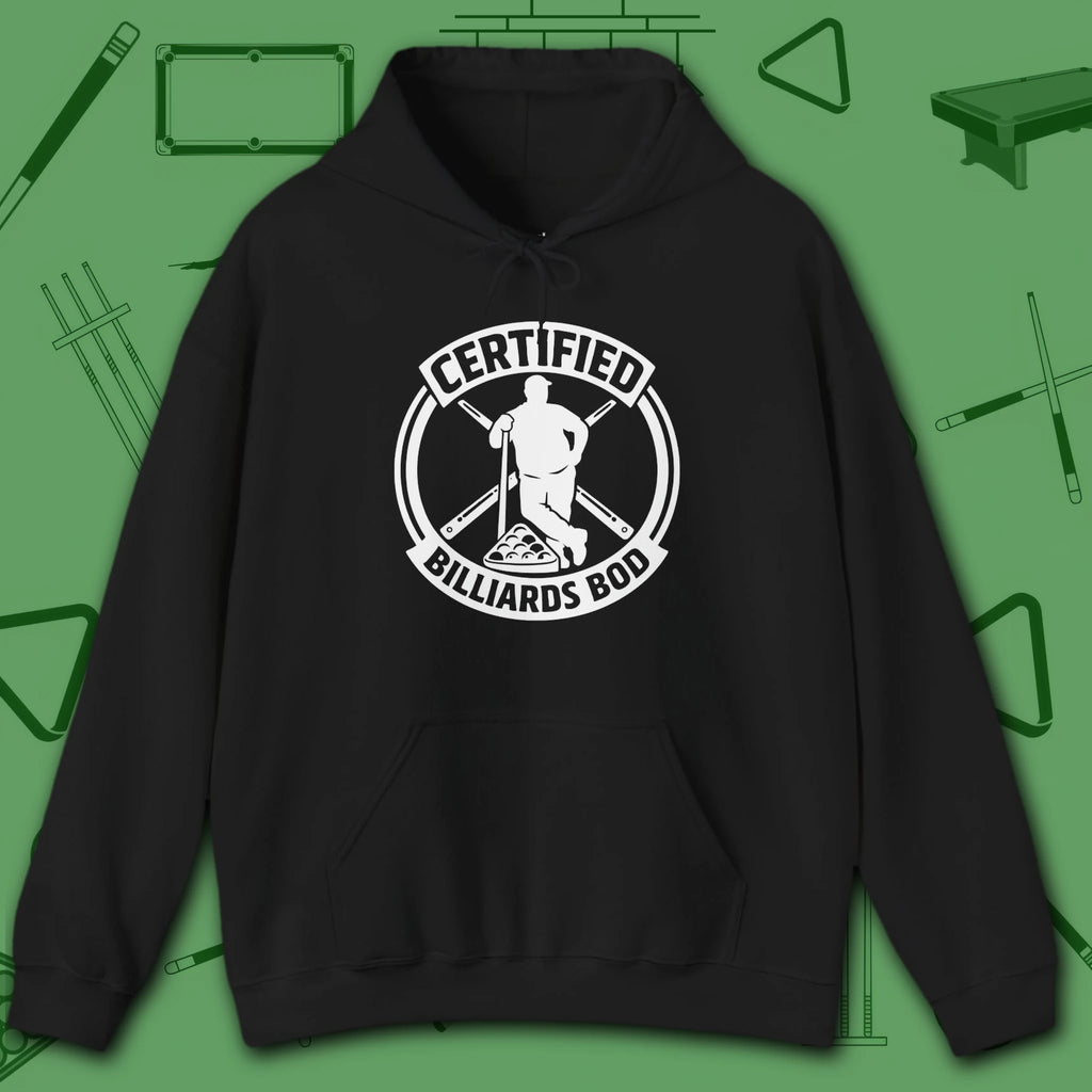 Certified Billiards Bod Hoodie, in Black color, pool hoodie, front view