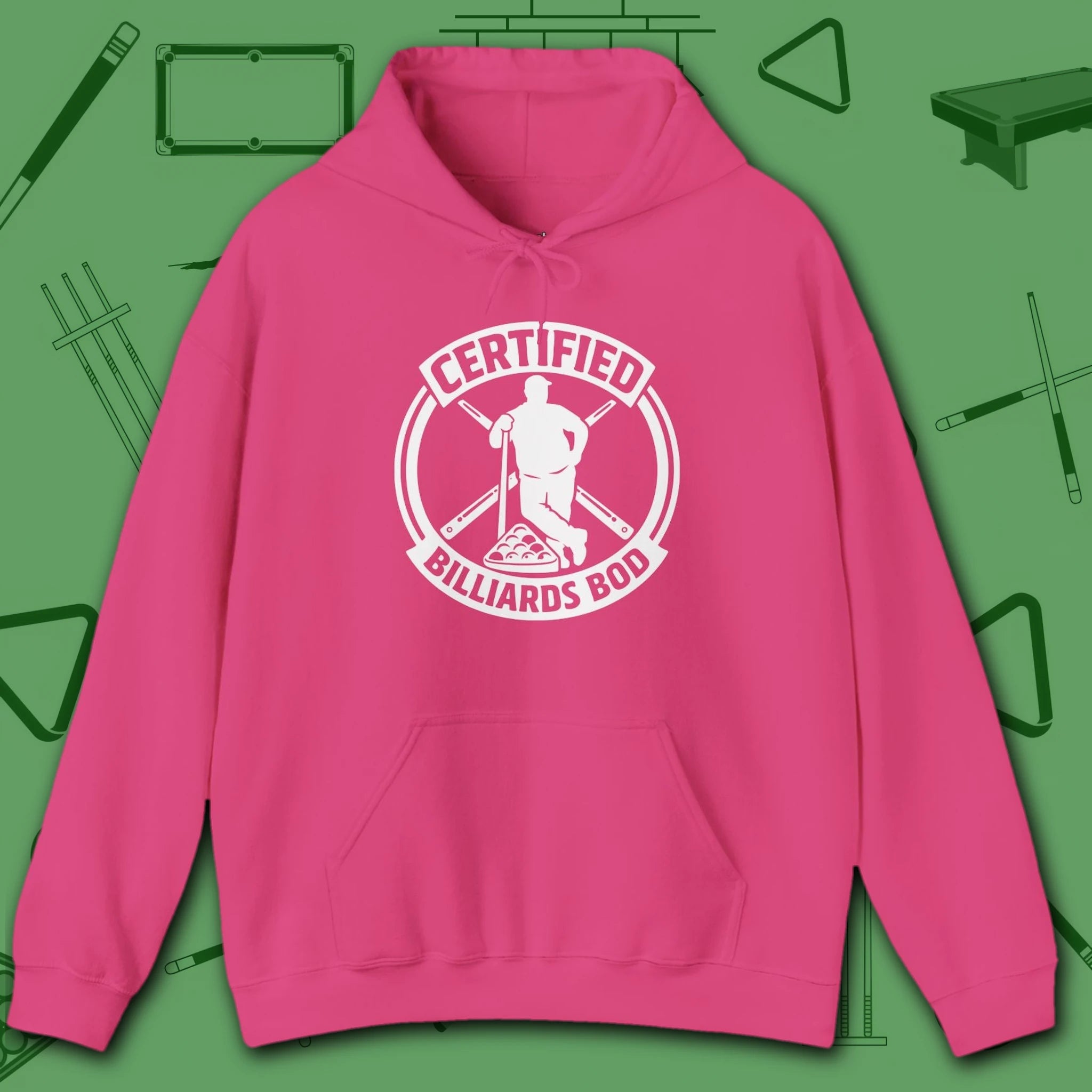 Certified Billiards Bod Hoodie, in Heliconia color, pool hoodie, front view