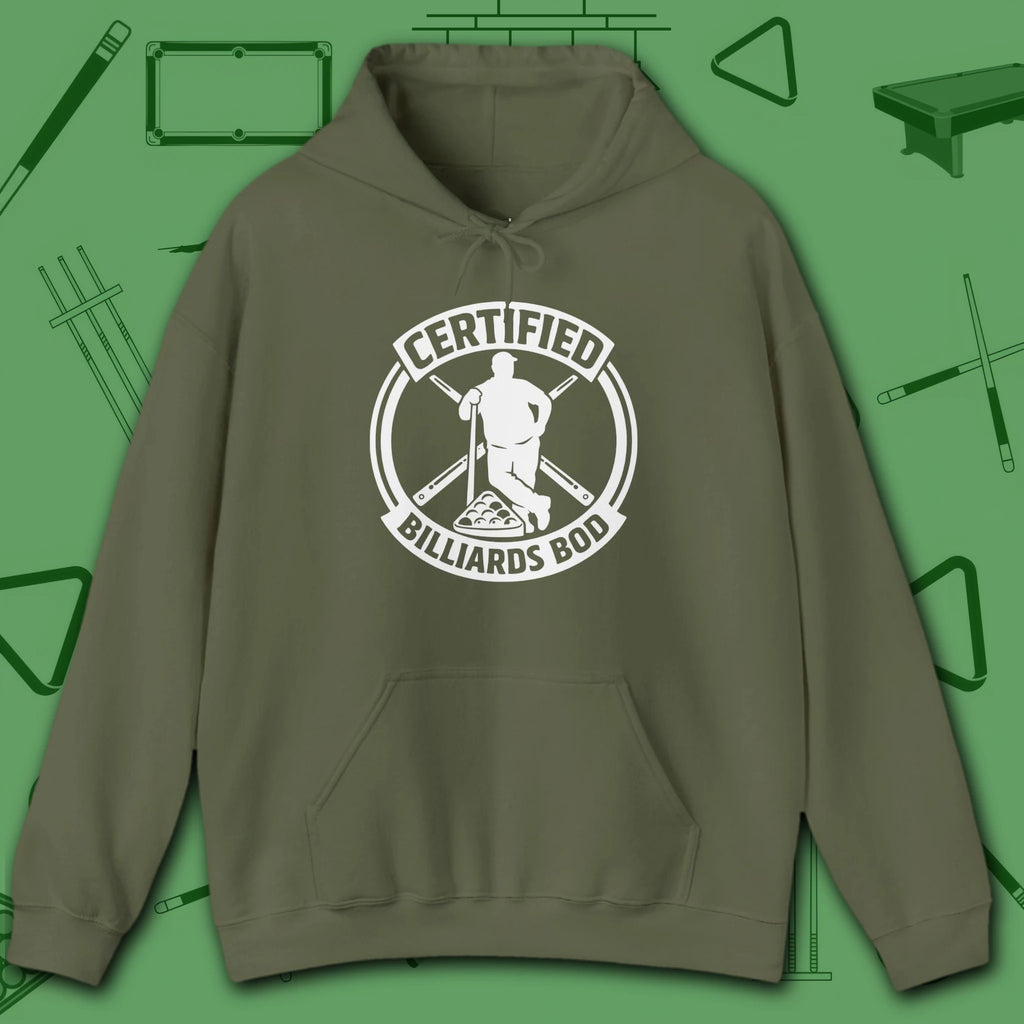 Certified Billiards Bod Hoodie, in Military Green color, pool hoodie, front view