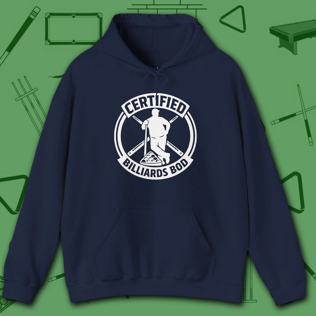 Certified Billiards Bod Hoodie, in Navy color, pool hoodie, front view