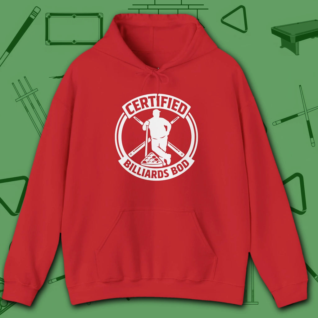 Certified Billiards Bod Hoodie, in Red color, pool hoodie, front view