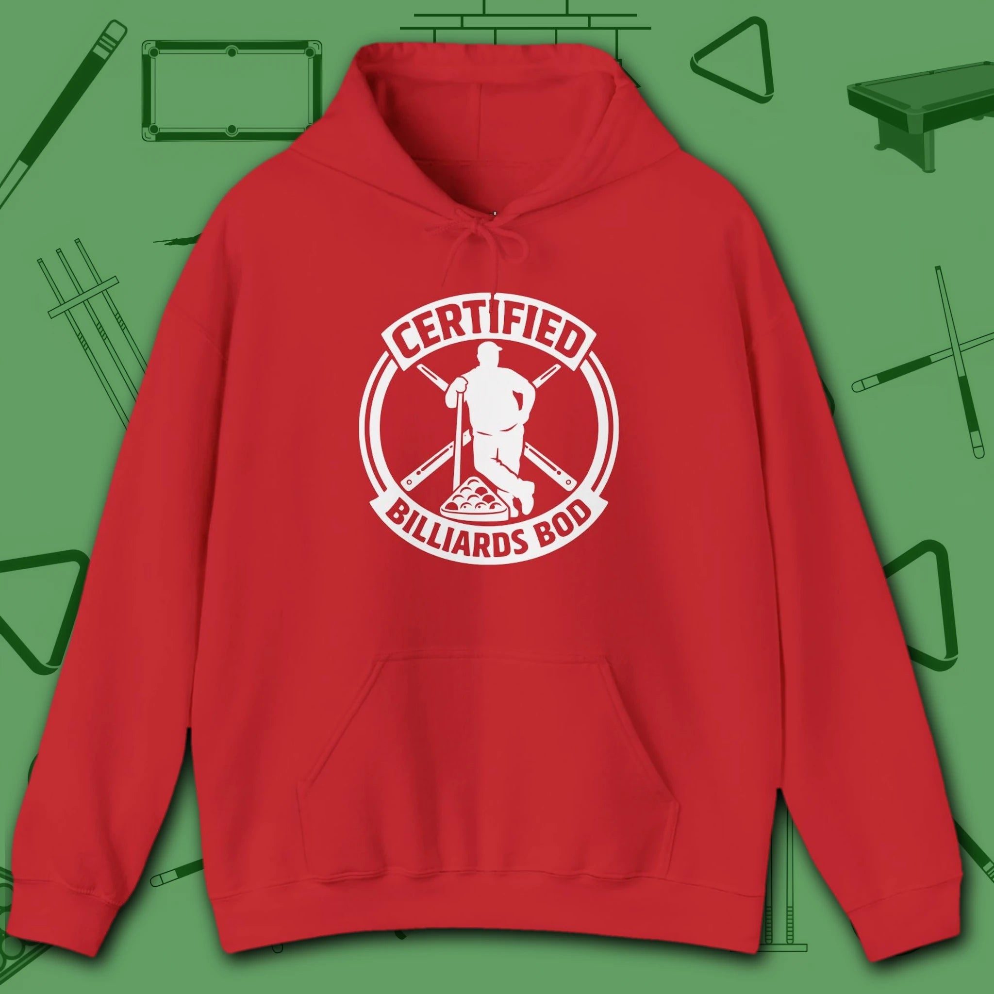Certified Billiards Bod Hoodie, in Red color, pool hoodie, front view