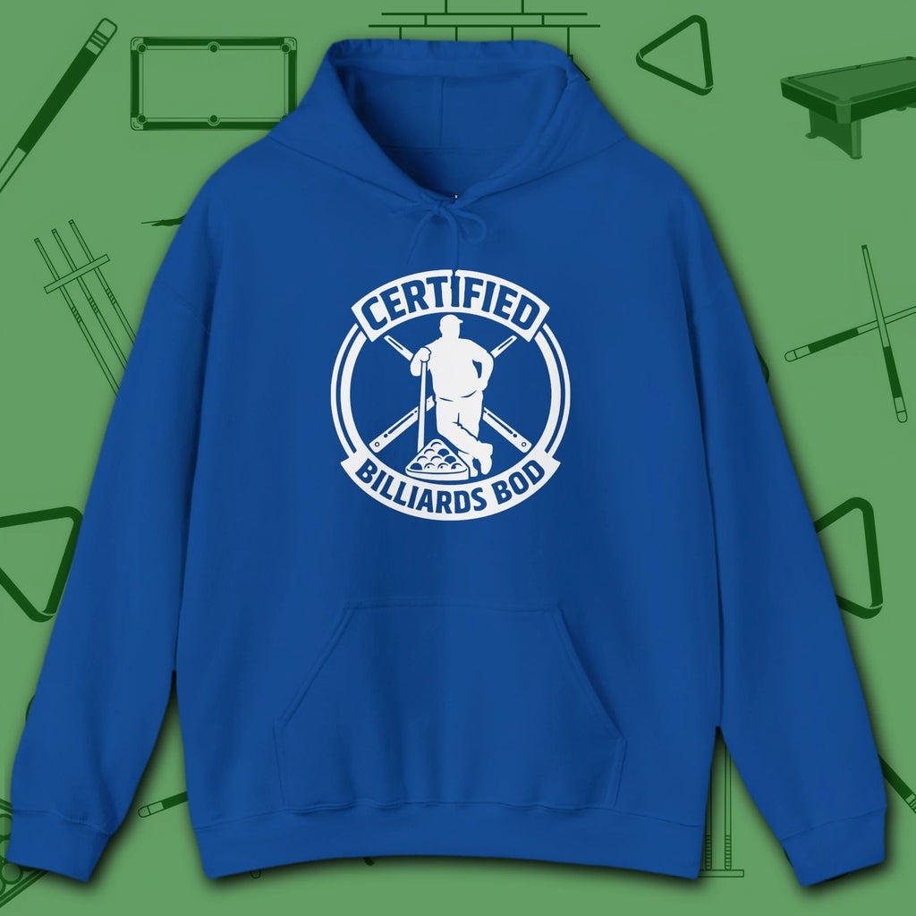 Certified Billiards Bod Hoodie, in Royal color, pool hoodie, front view
