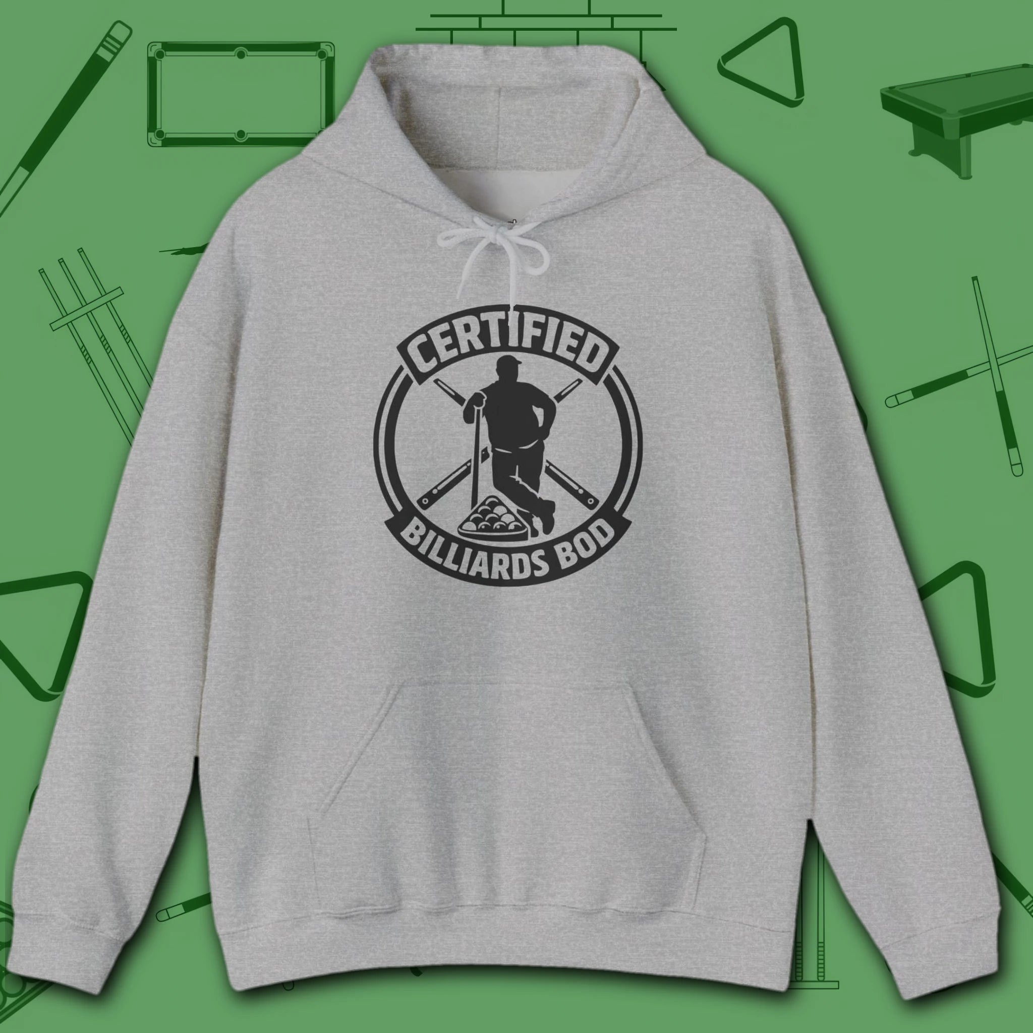Certified Billiards Bod Hoodie, in Sport Grey color, pool hoodie, front view
