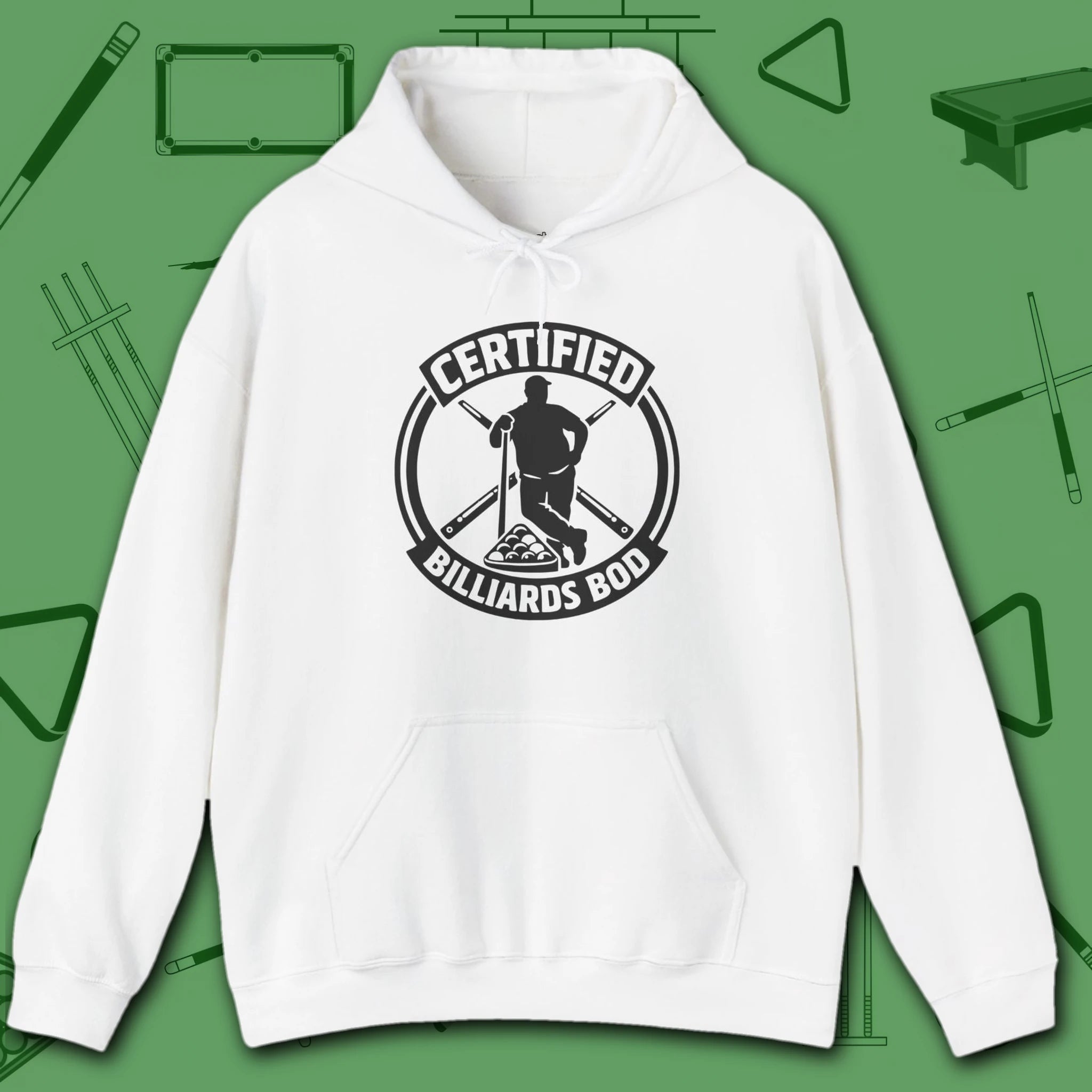 Certified Billiards Bod Hoodie, in White color, pool hoodie, front view