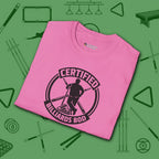 Certified Billiards Bod T-Shirt, in Azalea color, pool shirt, folded view