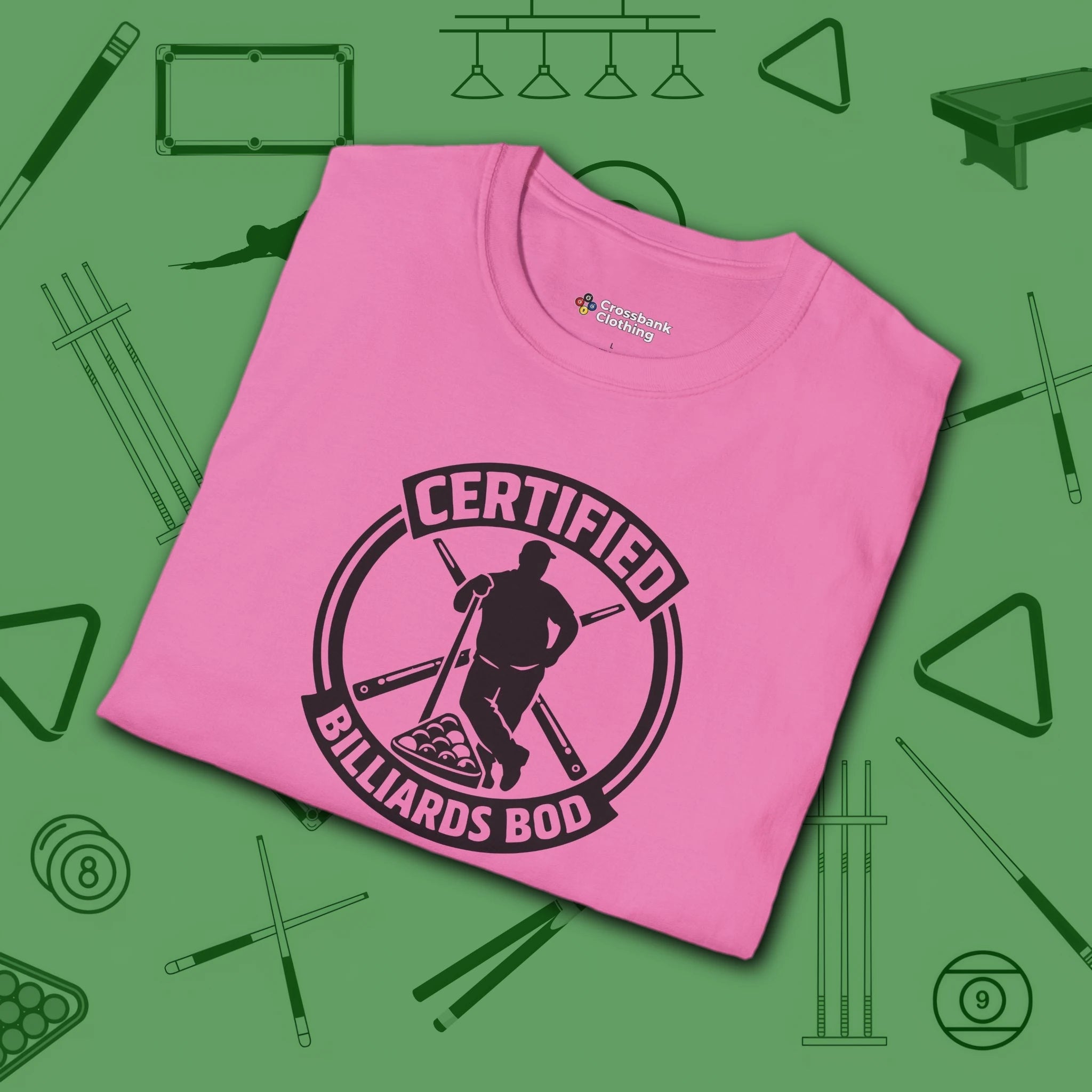 Certified Billiards Bod T-Shirt, in Azalea color, pool shirt, folded view