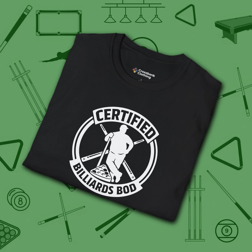 Certified Billiards Bod T-Shirt, in Black color, pool shirt, folded view