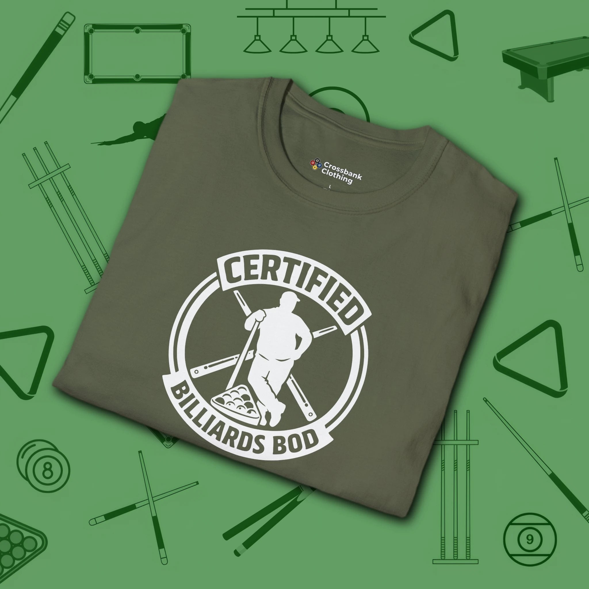 Certified Billiards Bod T-Shirt, in Military Green color, pool shirt, folded view