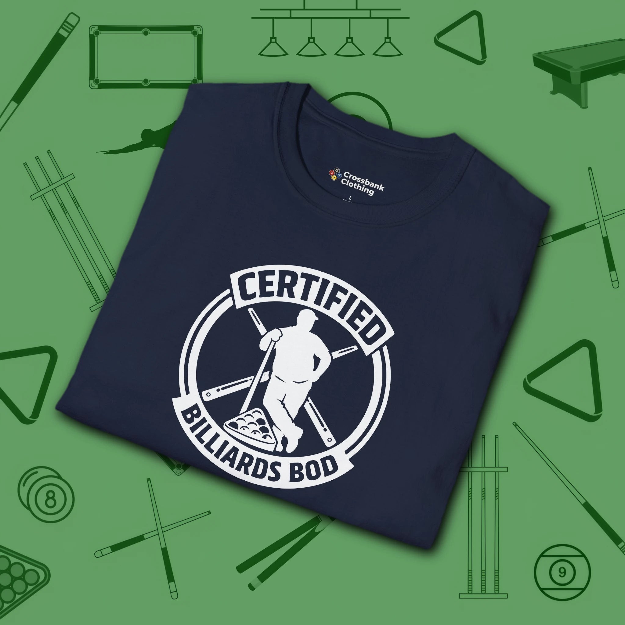 Certified Billiards Bod T-Shirt, in Navy color, pool shirt, folded view