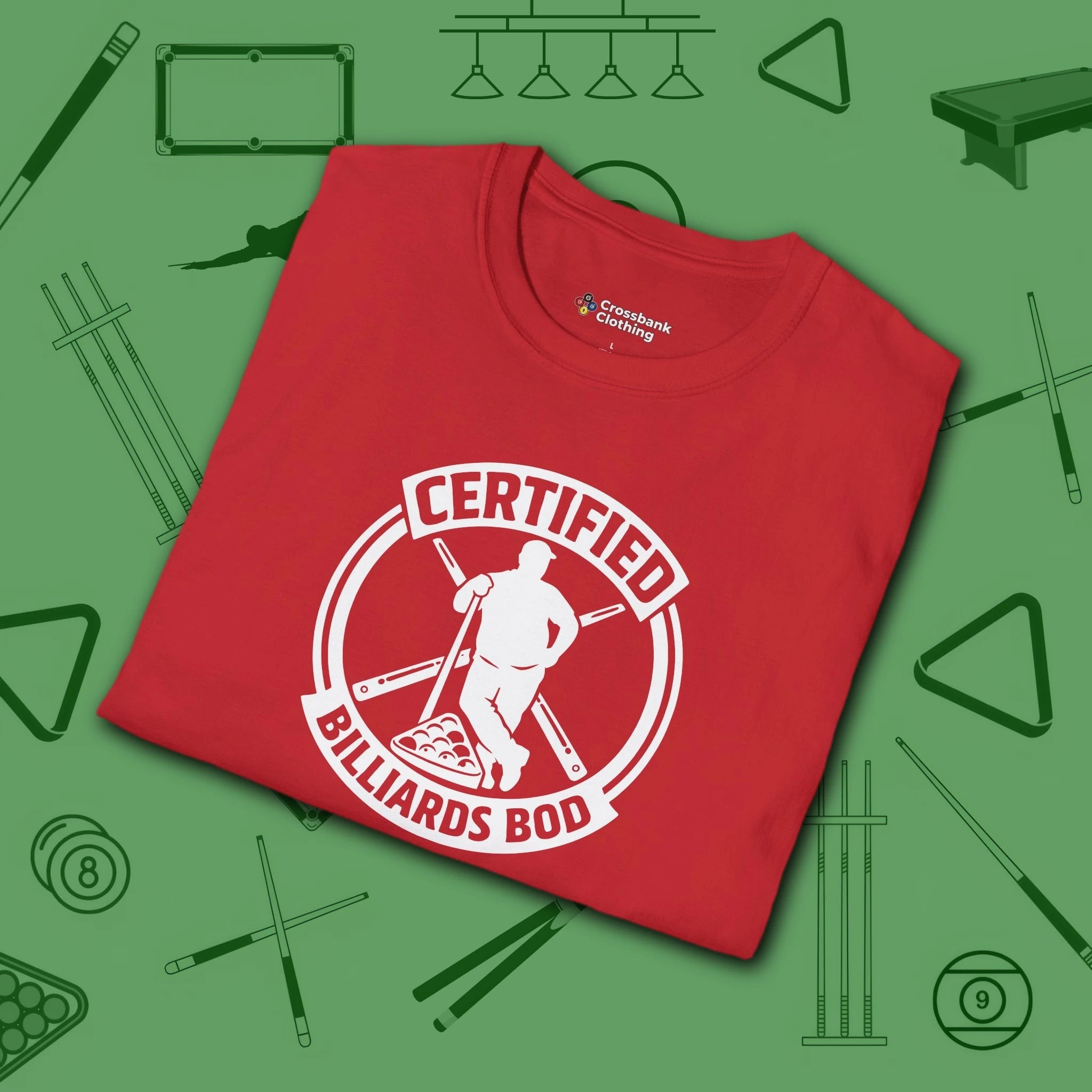Certified Billiards Bod T-Shirt, in Red color, pool shirt, folded view