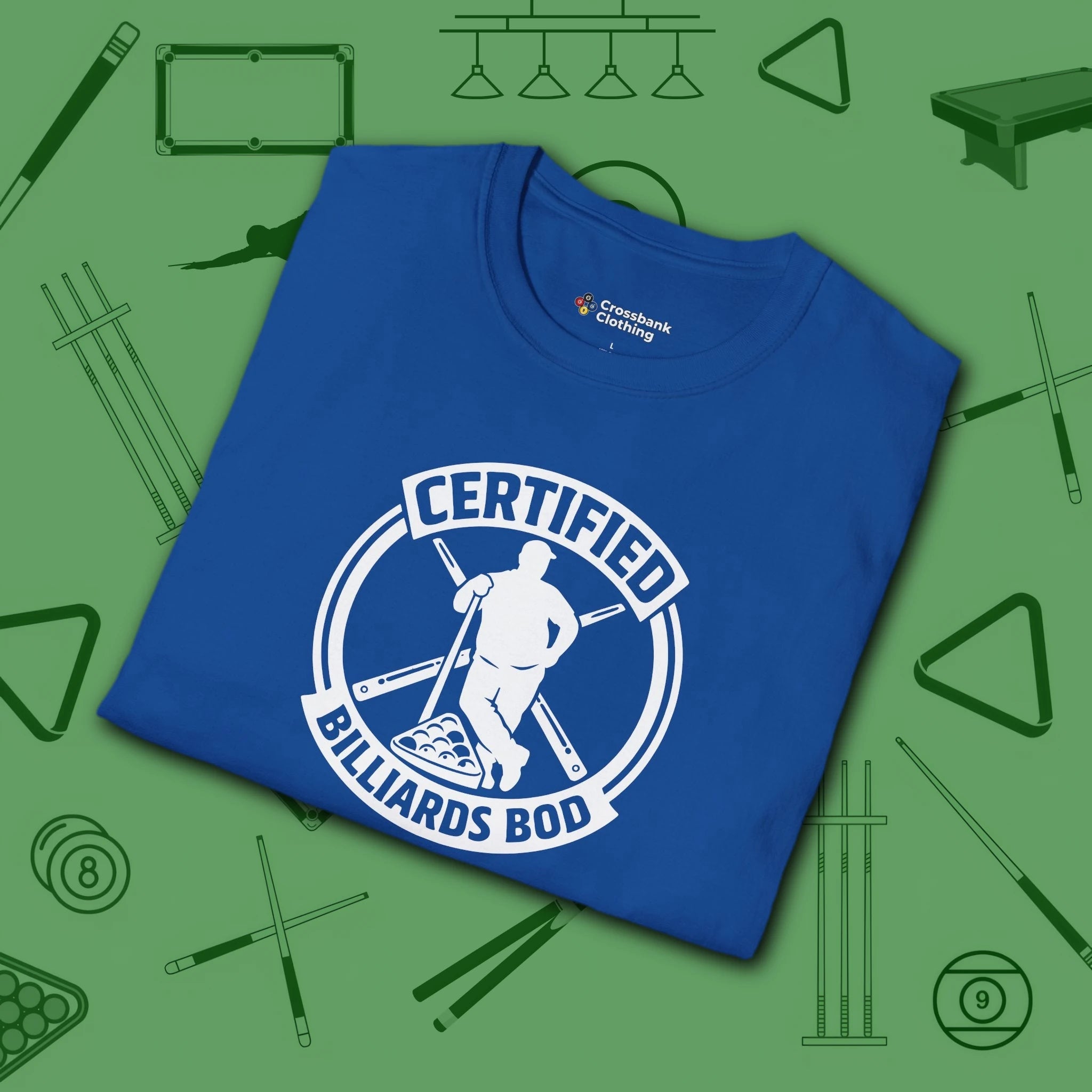 Certified Billiards Bod T-Shirt, in Royal color, pool shirt, folded view