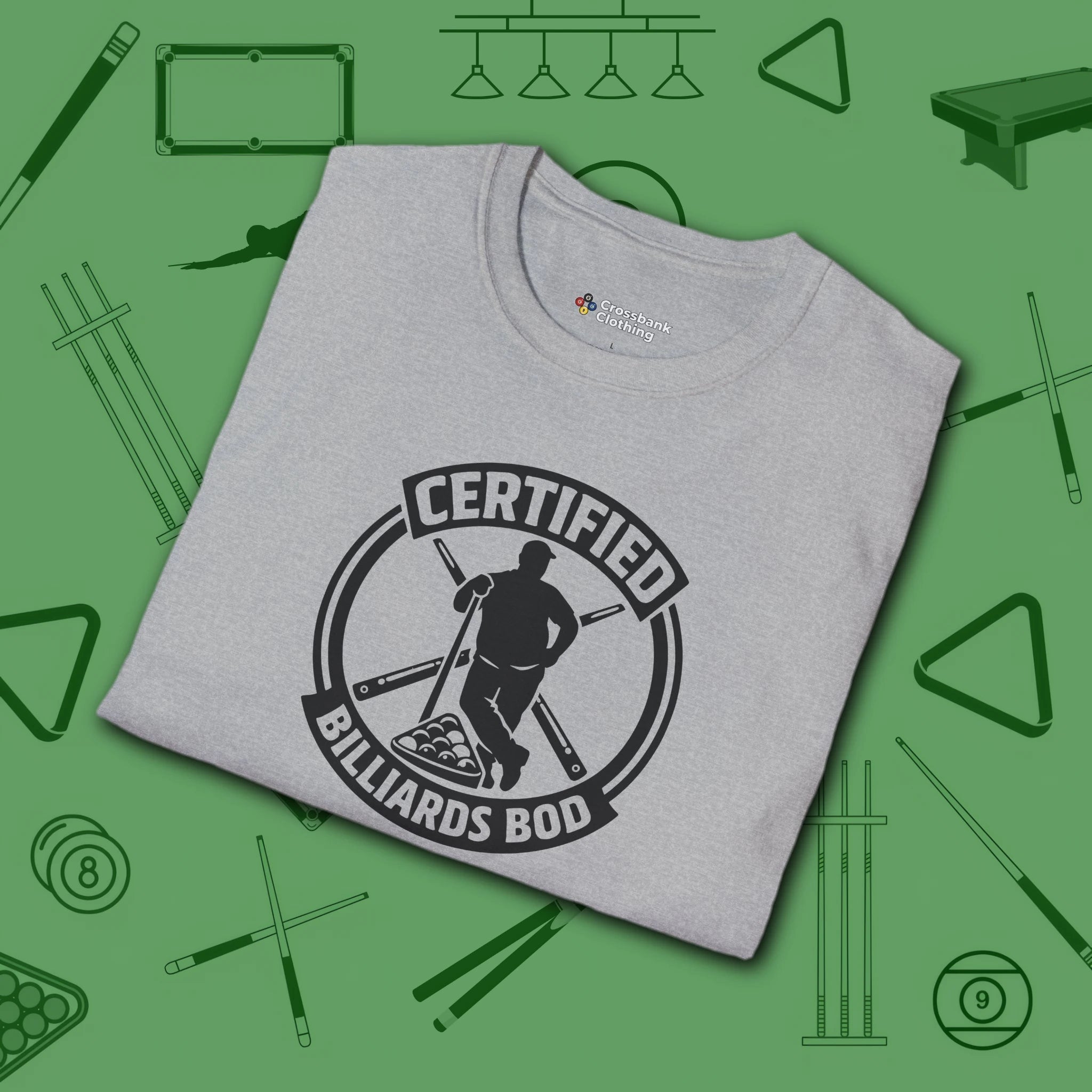 Certified Billiards Bod T-Shirt, in Sport Grey color, pool shirt, folded view