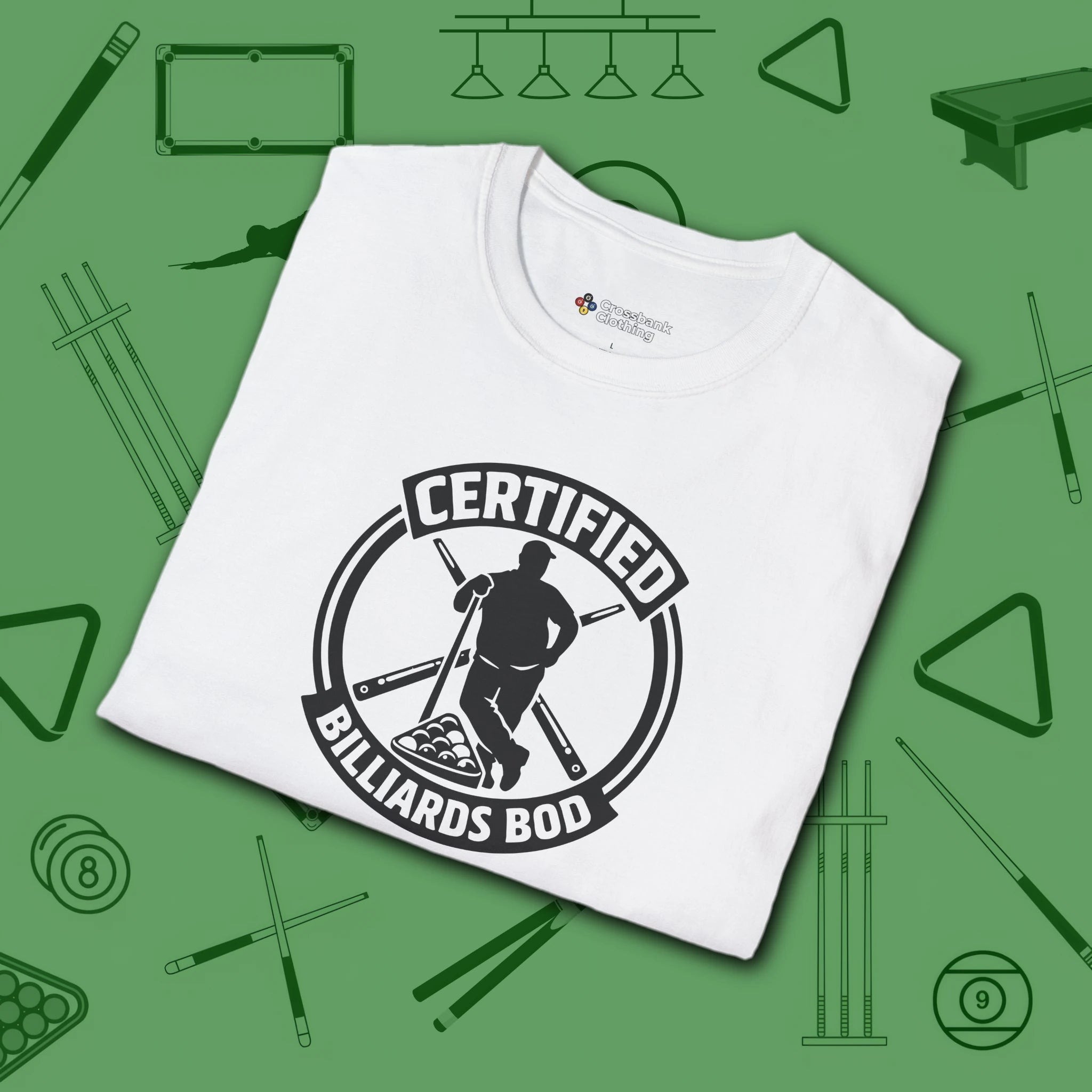 Certified Billiards Bod T-Shirt, in White color, pool shirt, folded view