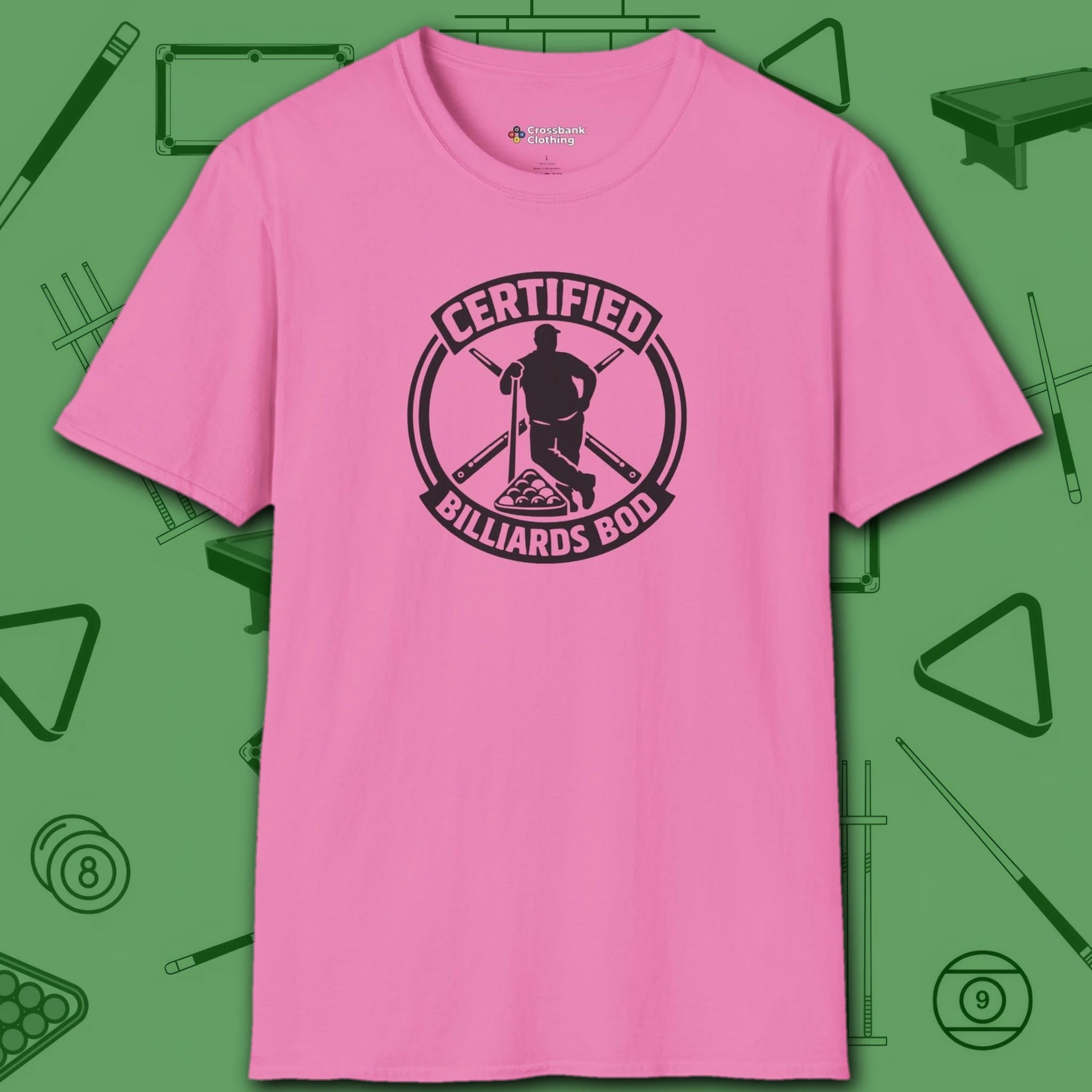 Certified Billiards Bod T-Shirt, in Azalea color, pool shirt, front view