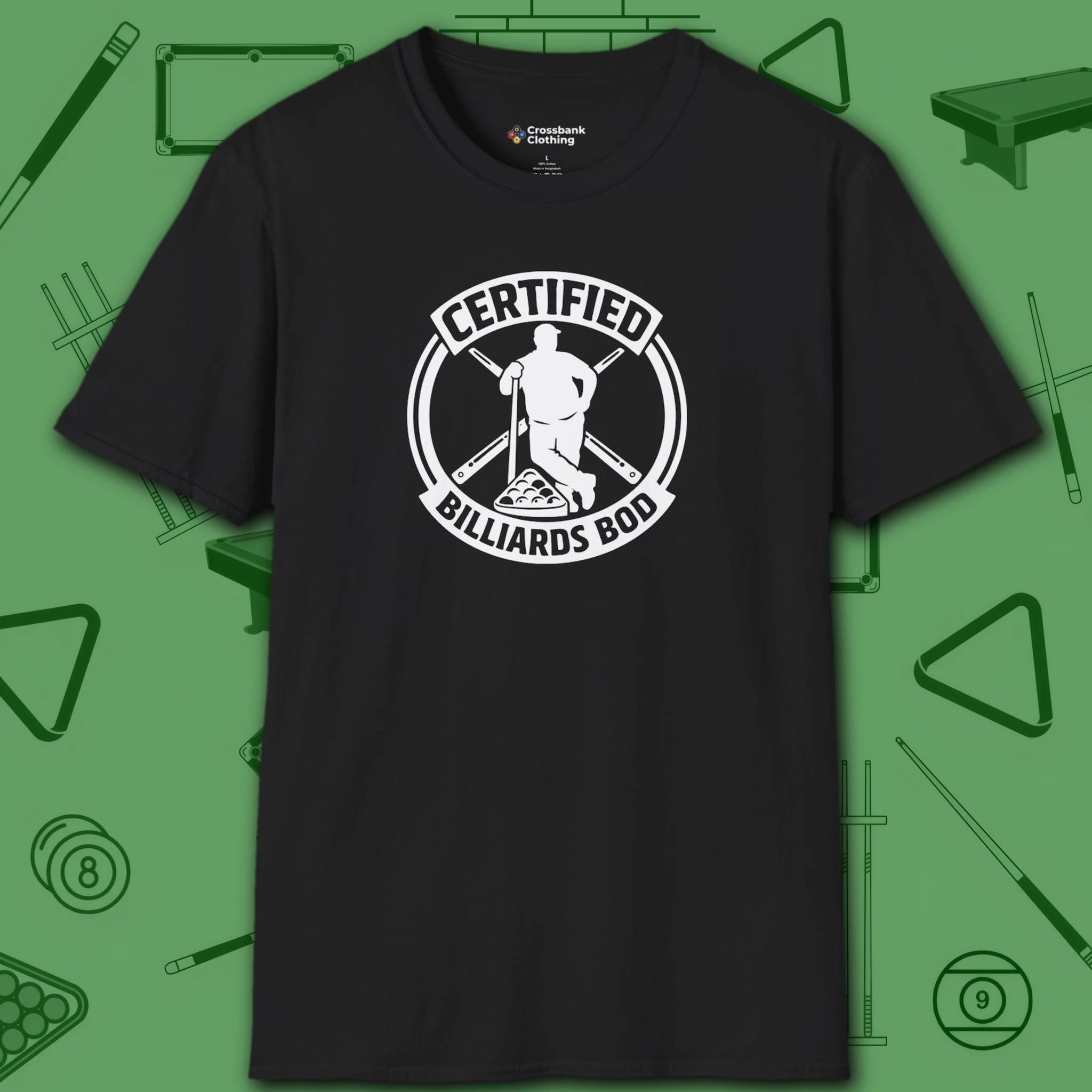 Certified Billiards Bod T-Shirt, in Black color, pool shirt, front view