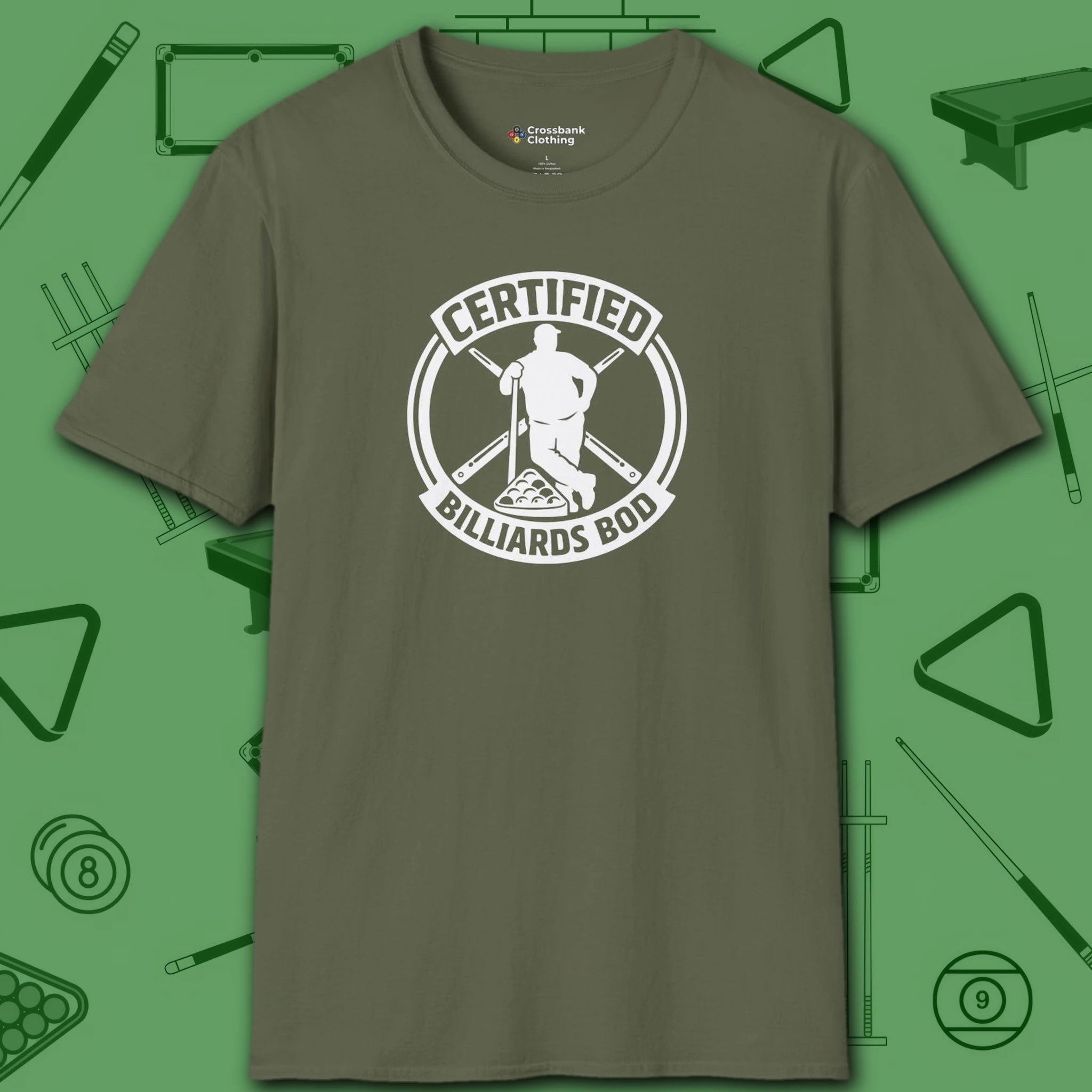 Certified Billiards Bod T-Shirt, in Military Green color, pool shirt, front view