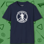 Certified Billiards Bod T-Shirt, in Navy color, pool shirt, front view
