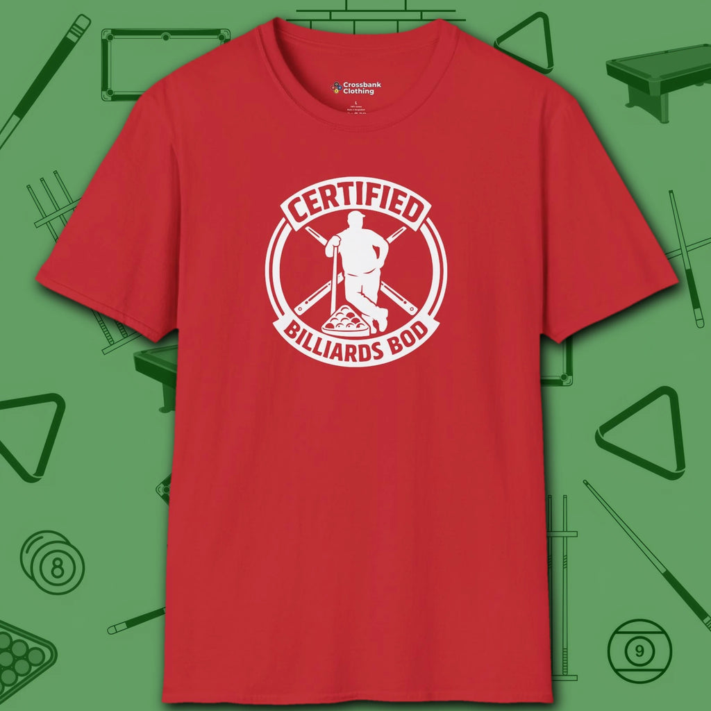 Certified Billiards Bod T-Shirt, in Red color, pool shirt, front view