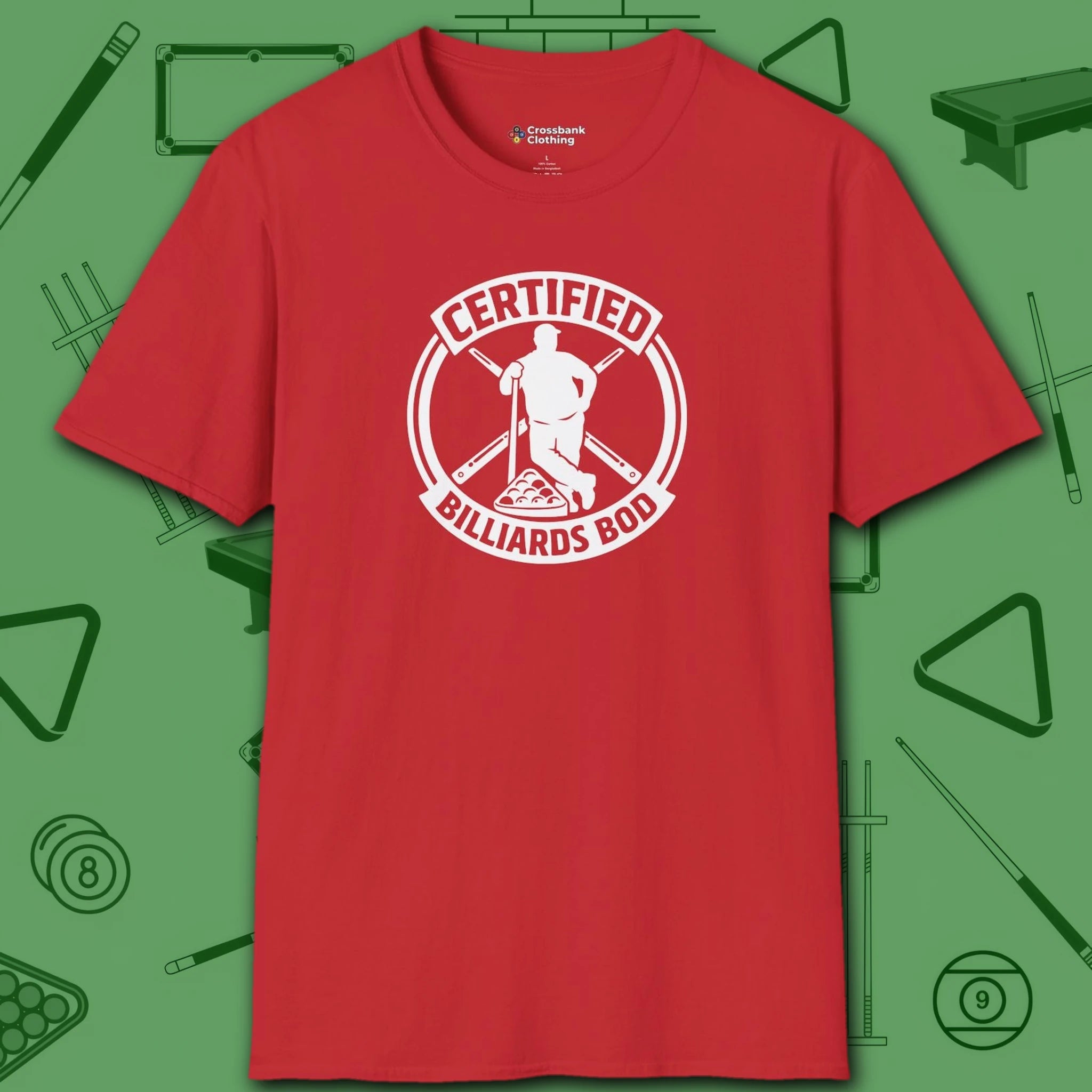 Certified Billiards Bod T-Shirt, in Red color, pool shirt, front view