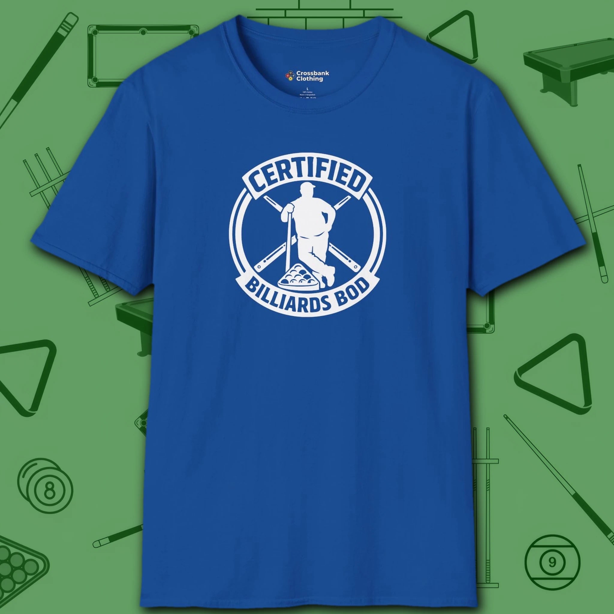 Certified Billiards Bod T-Shirt, in Royal color, pool shirt, front view